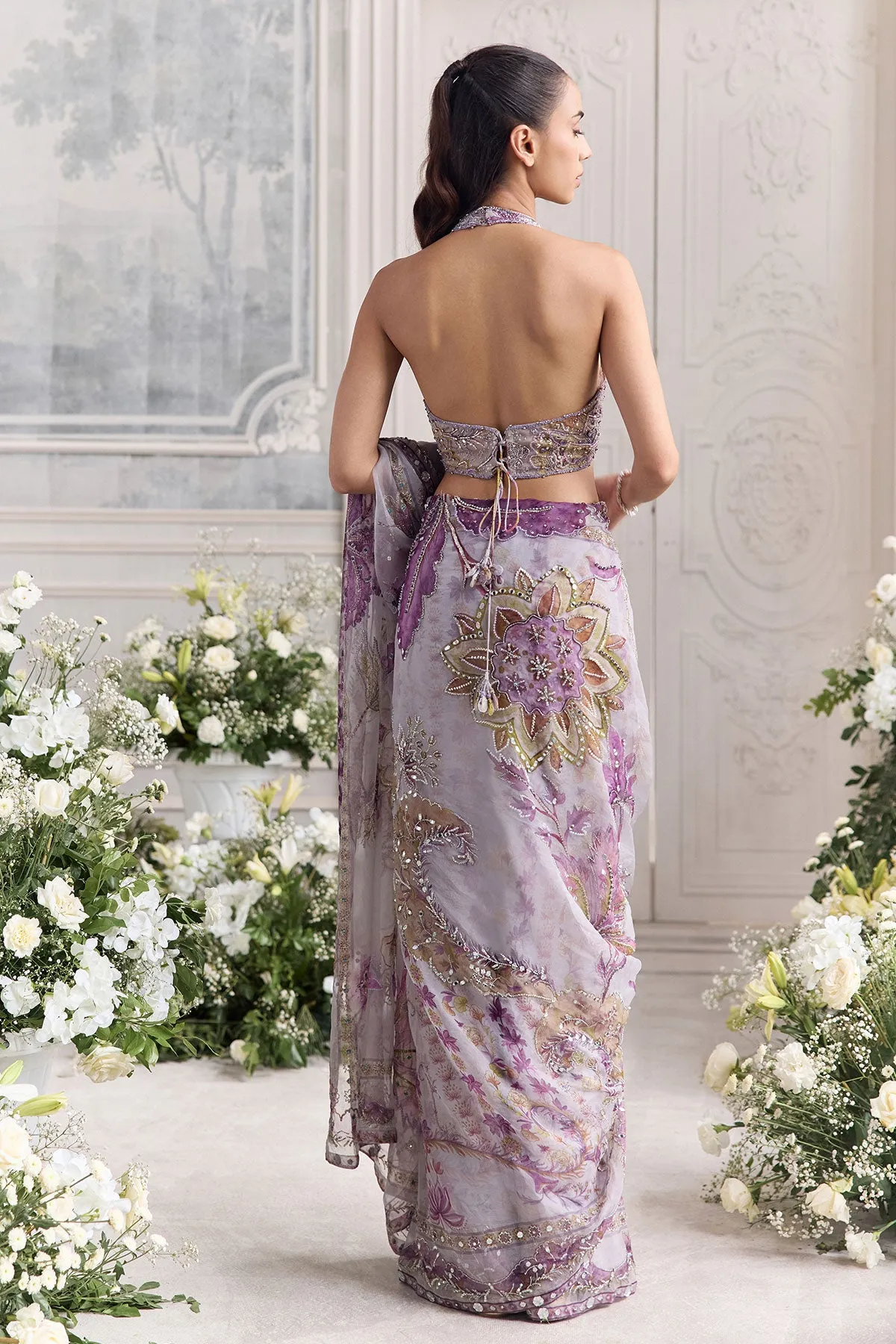 Lilac Organza Sari with Multicolour Floral Embroidery and Sequins