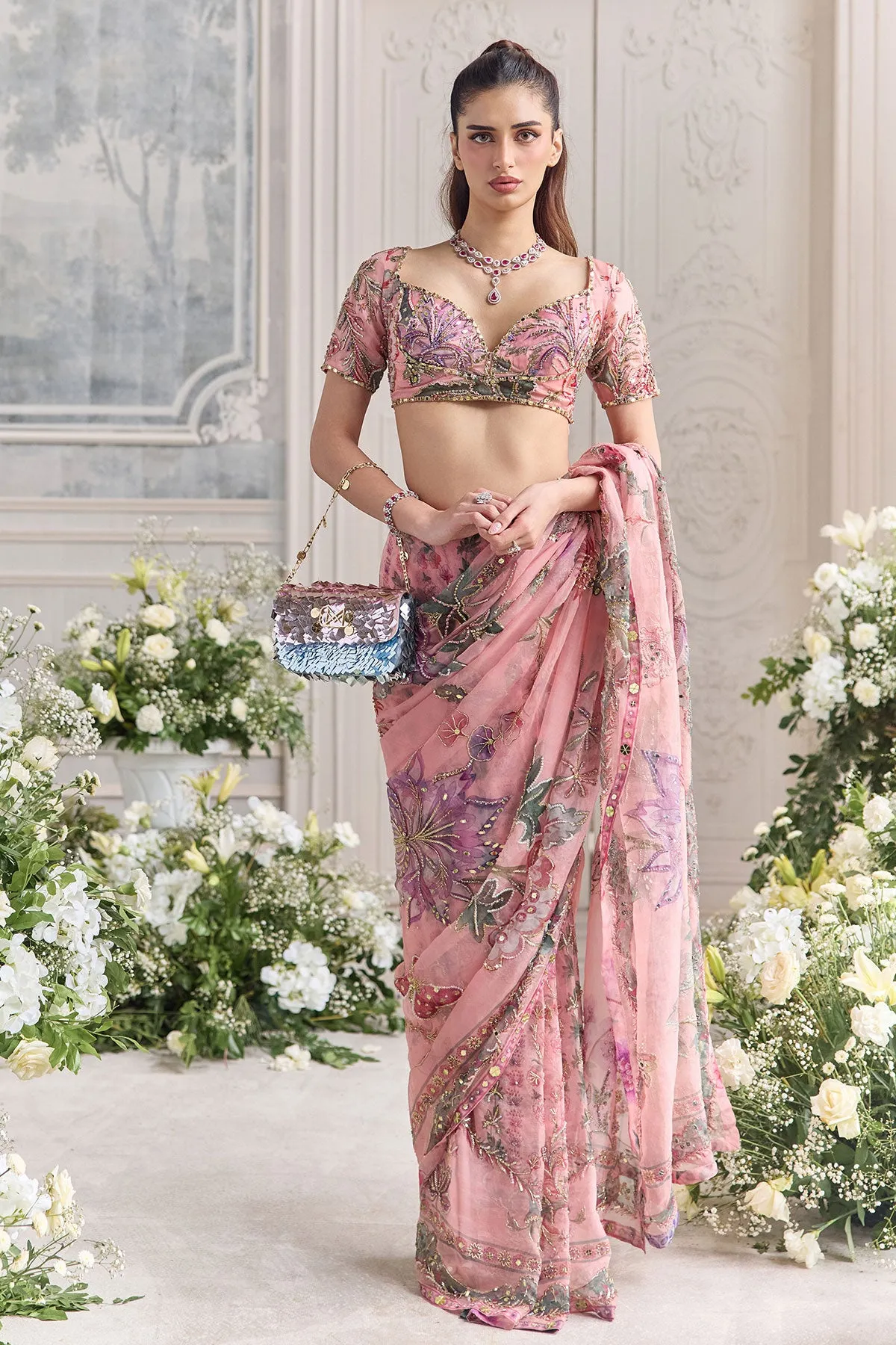 Blush Pink Organza Sari with Zardozi Floral Embroidery and Sequins