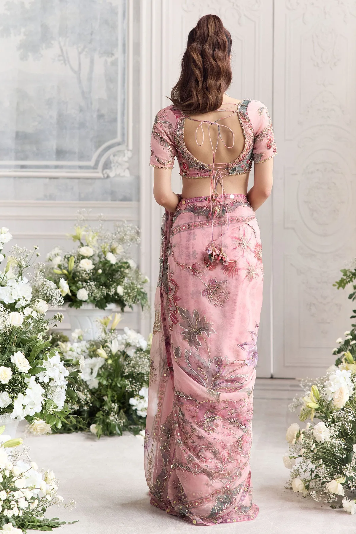 Blush Pink Organza Sari with Zardozi Floral Embroidery and Sequins