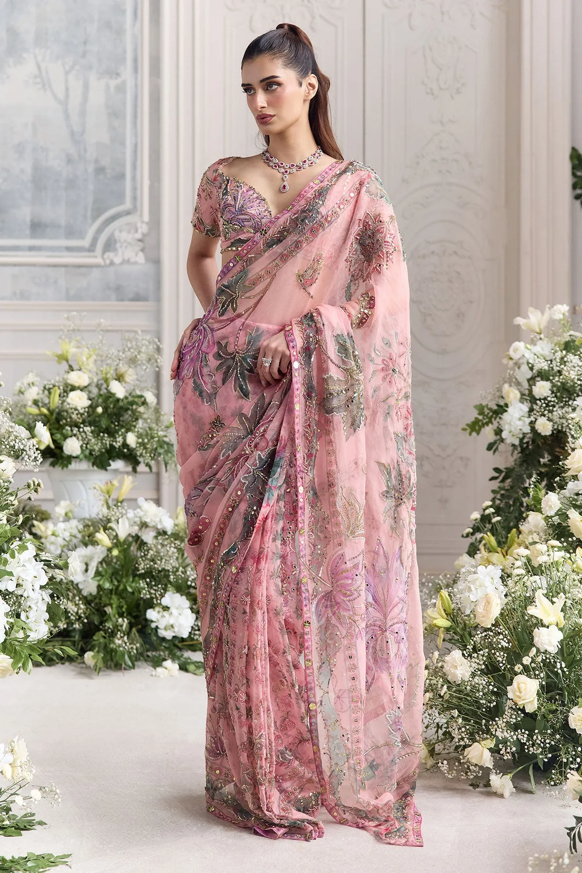 Blush Pink Organza Sari with Zardozi Floral Embroidery and Sequins