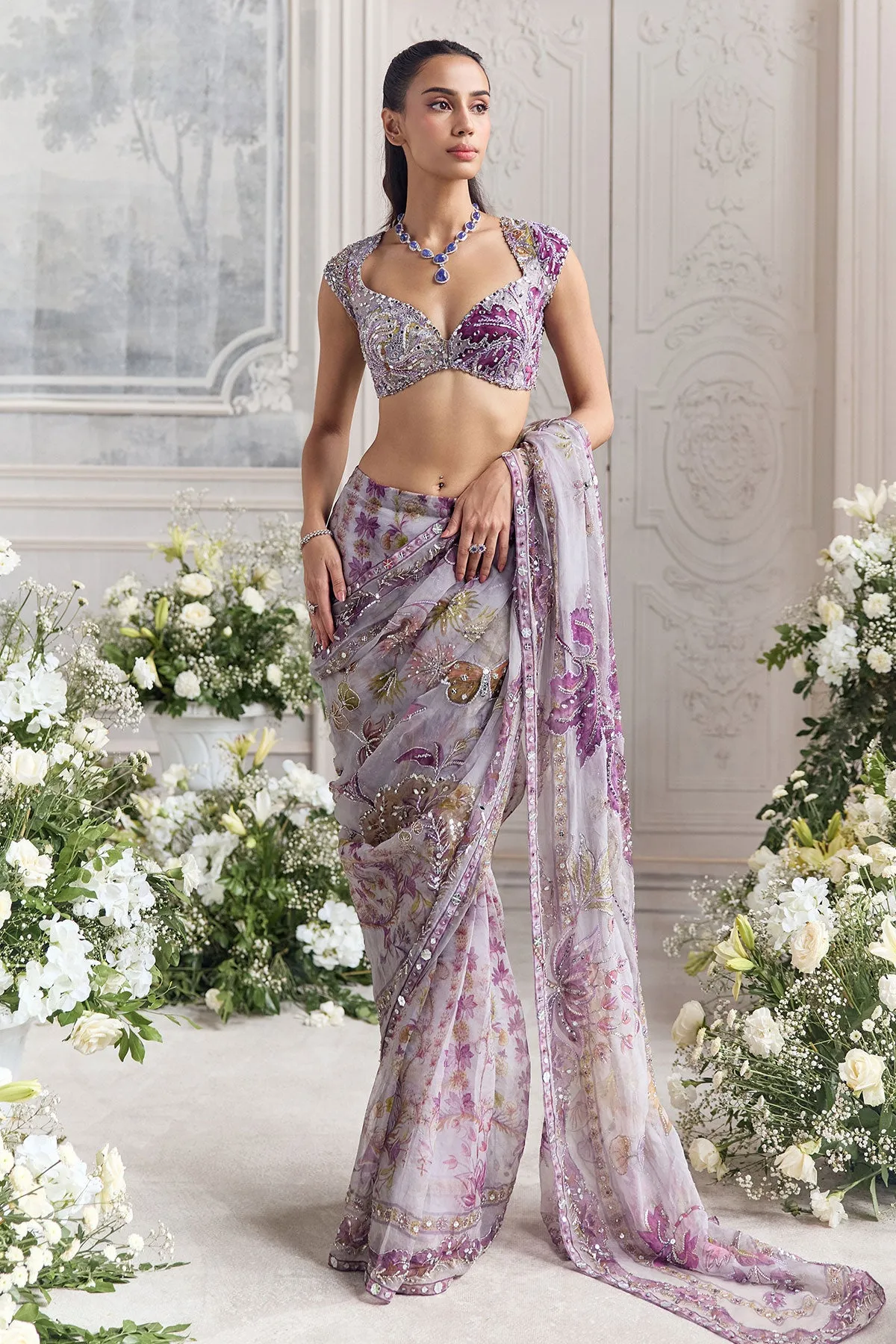 Lilac Net Sari with Violet Floral Embroidery and Sequin Detailing
