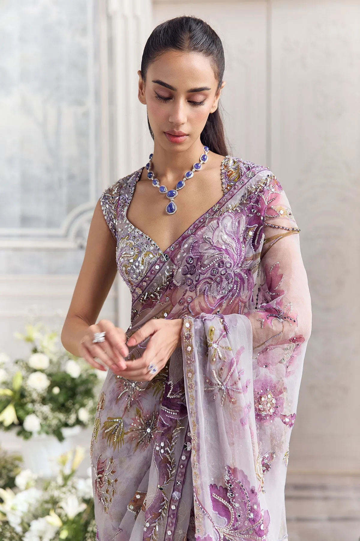 Lilac Net Sari with Violet Floral Embroidery and Sequin Detailing