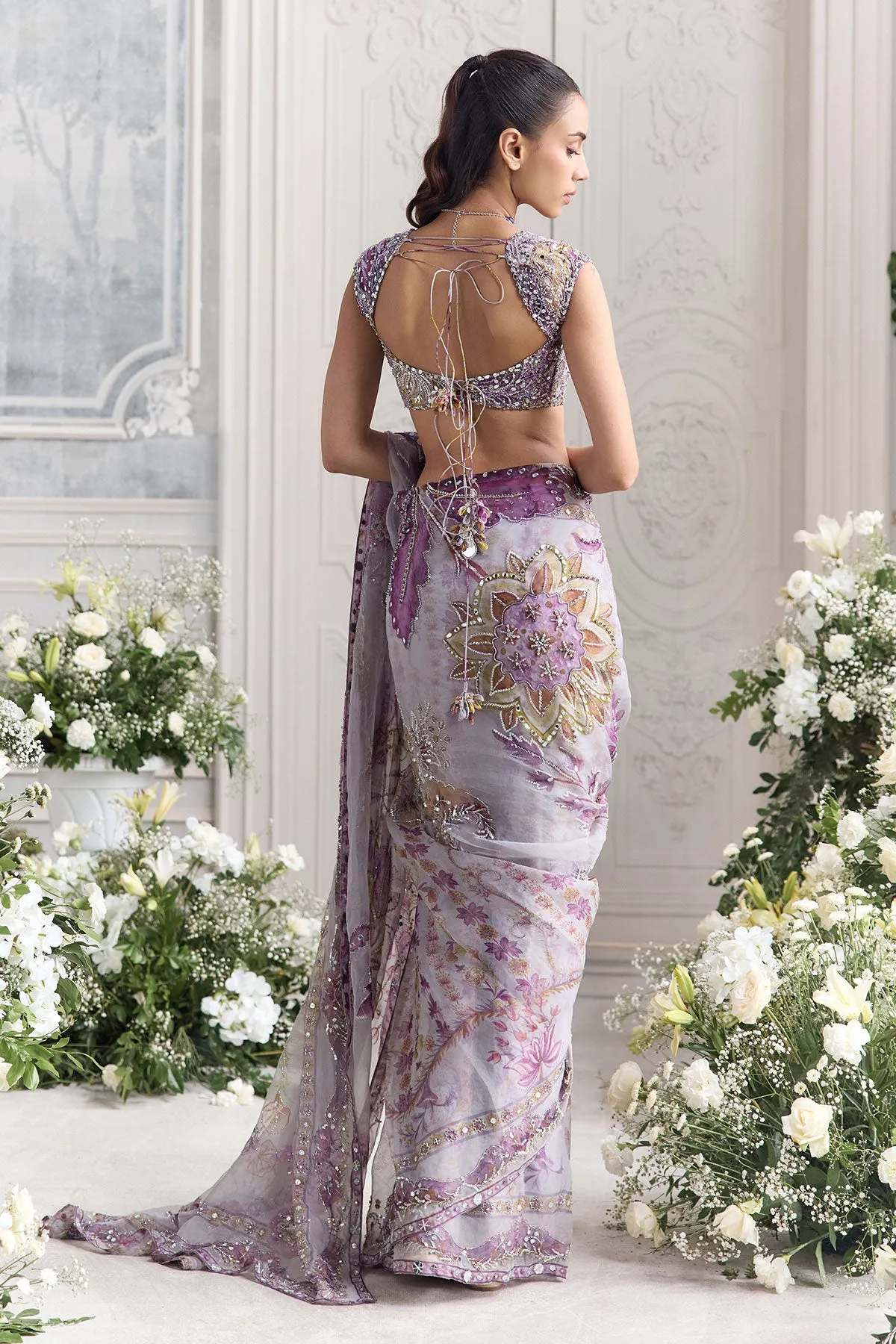 Lilac Net Sari with Violet Floral Embroidery and Sequin Detailing