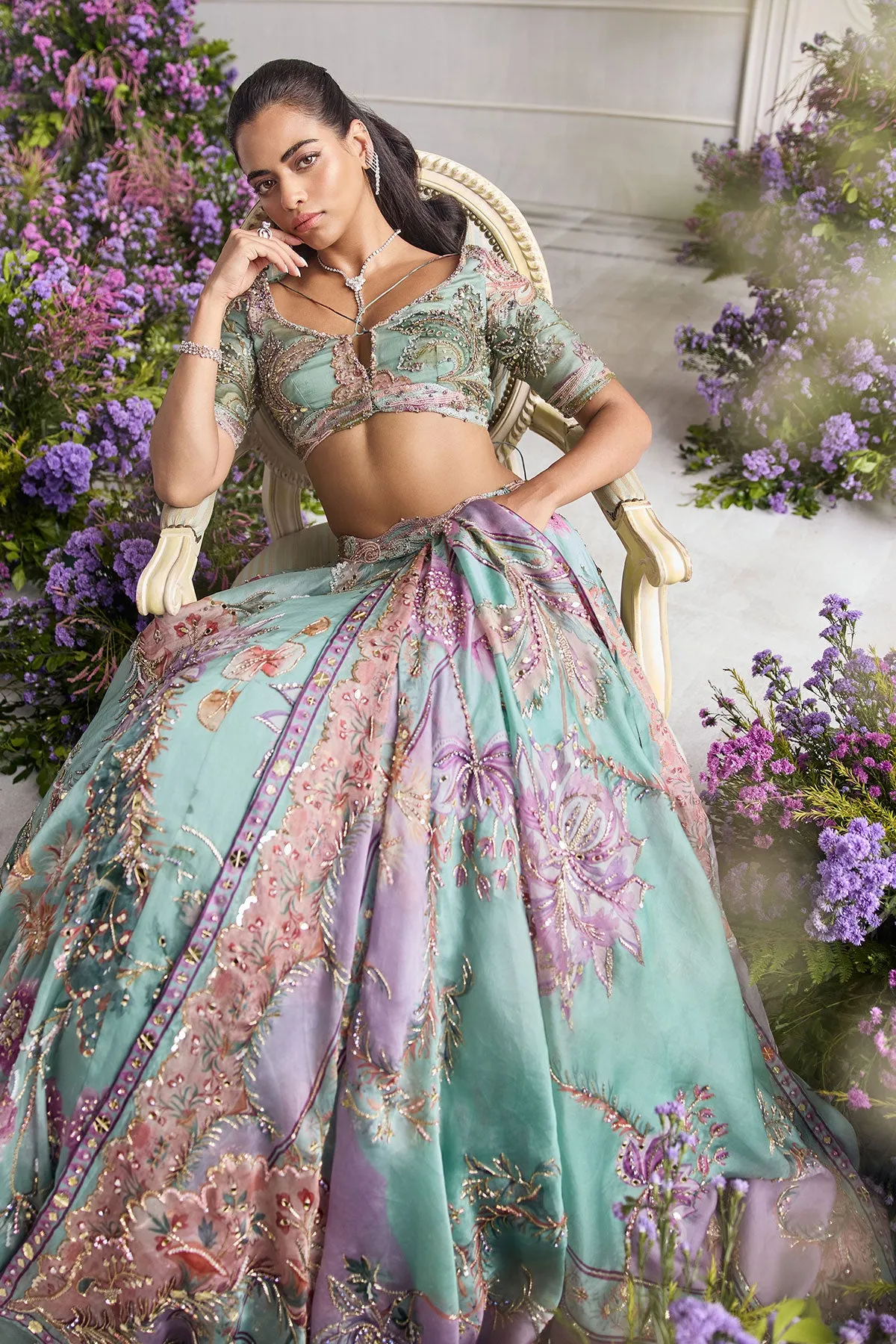 Aqua Green Lehenga with Lilac Floral Embroidery and Zardozi Detailing