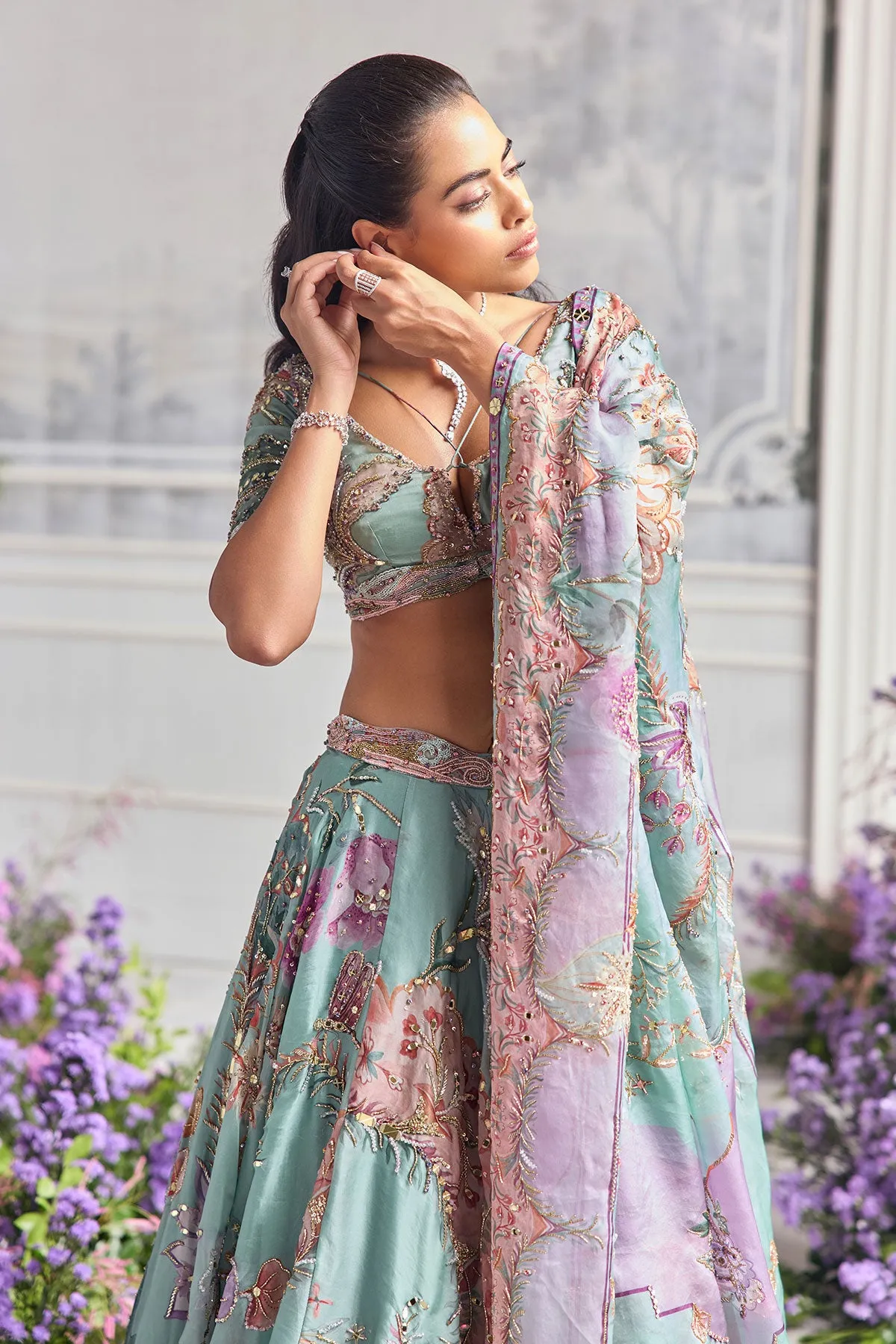Aqua Green Lehenga with Lilac Floral Embroidery and Zardozi Detailing