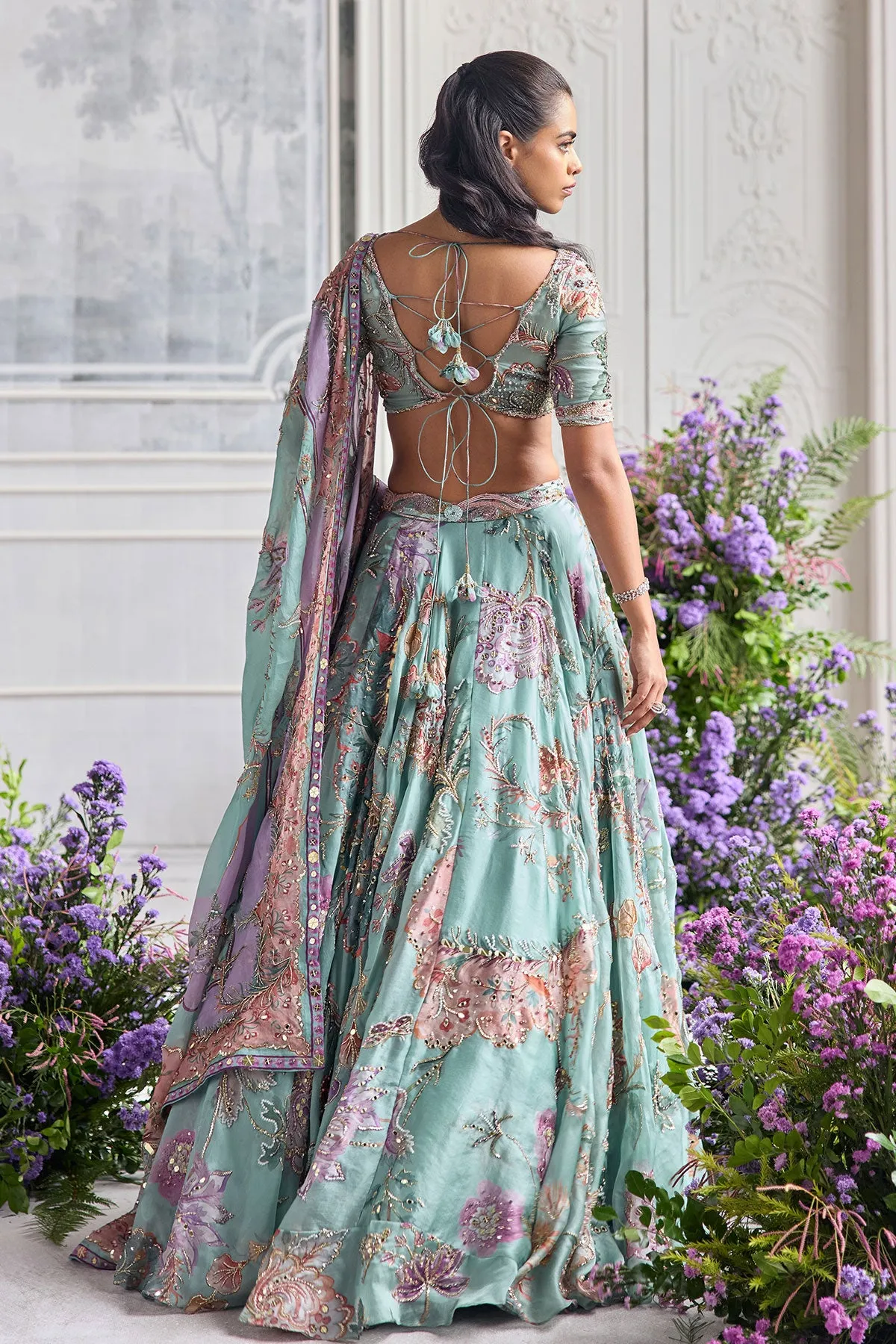 Aqua Green Lehenga with Multicolour Zardozi Embroidery and Lilac Dupatta