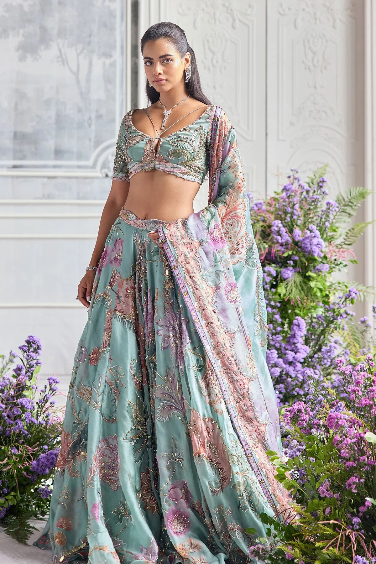 Aqua Green Lehenga with Lilac Floral Embroidery and Zardozi Detailing