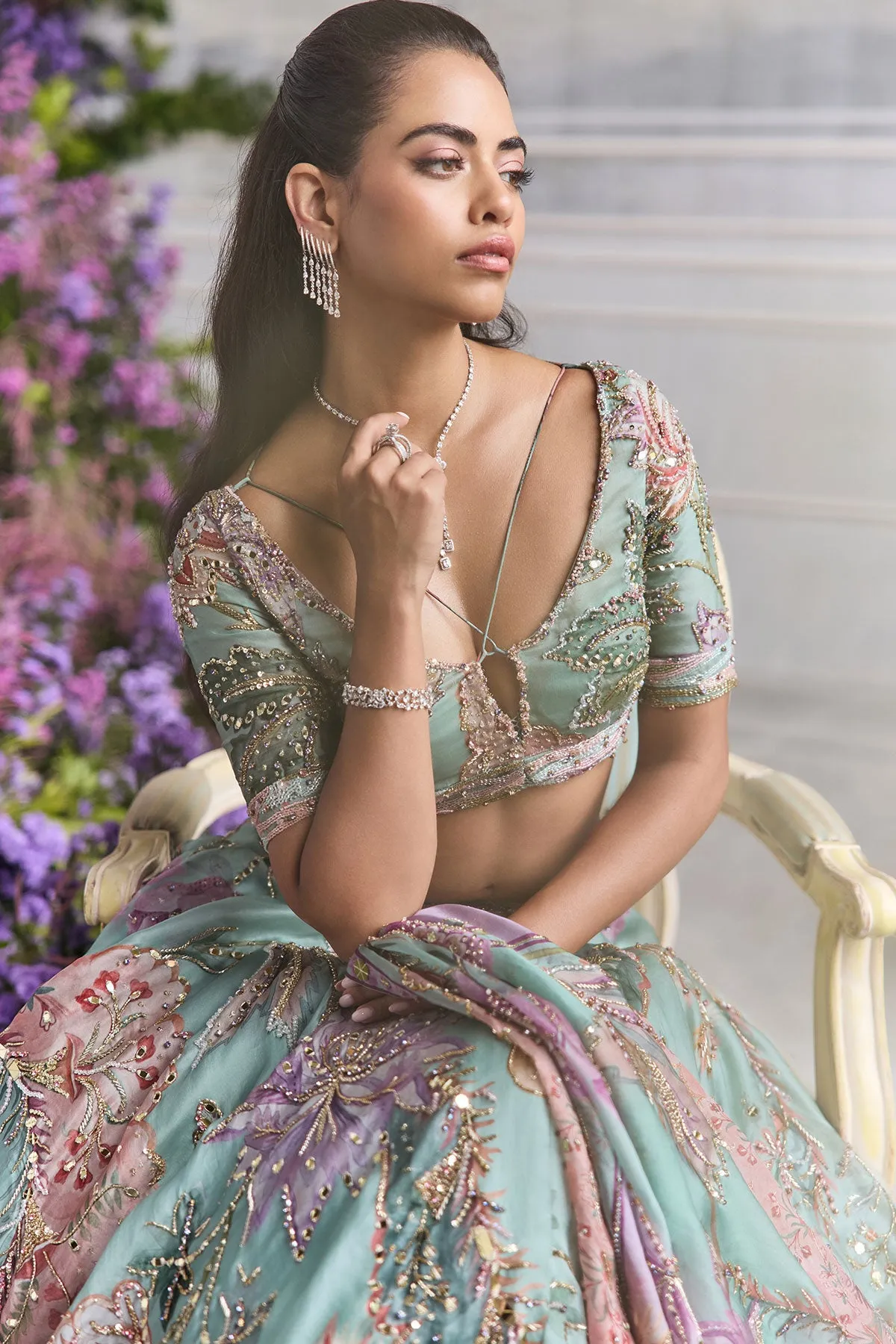 Aqua Green Lehenga with Multicolour Zardozi Embroidery and Lilac Dupatta