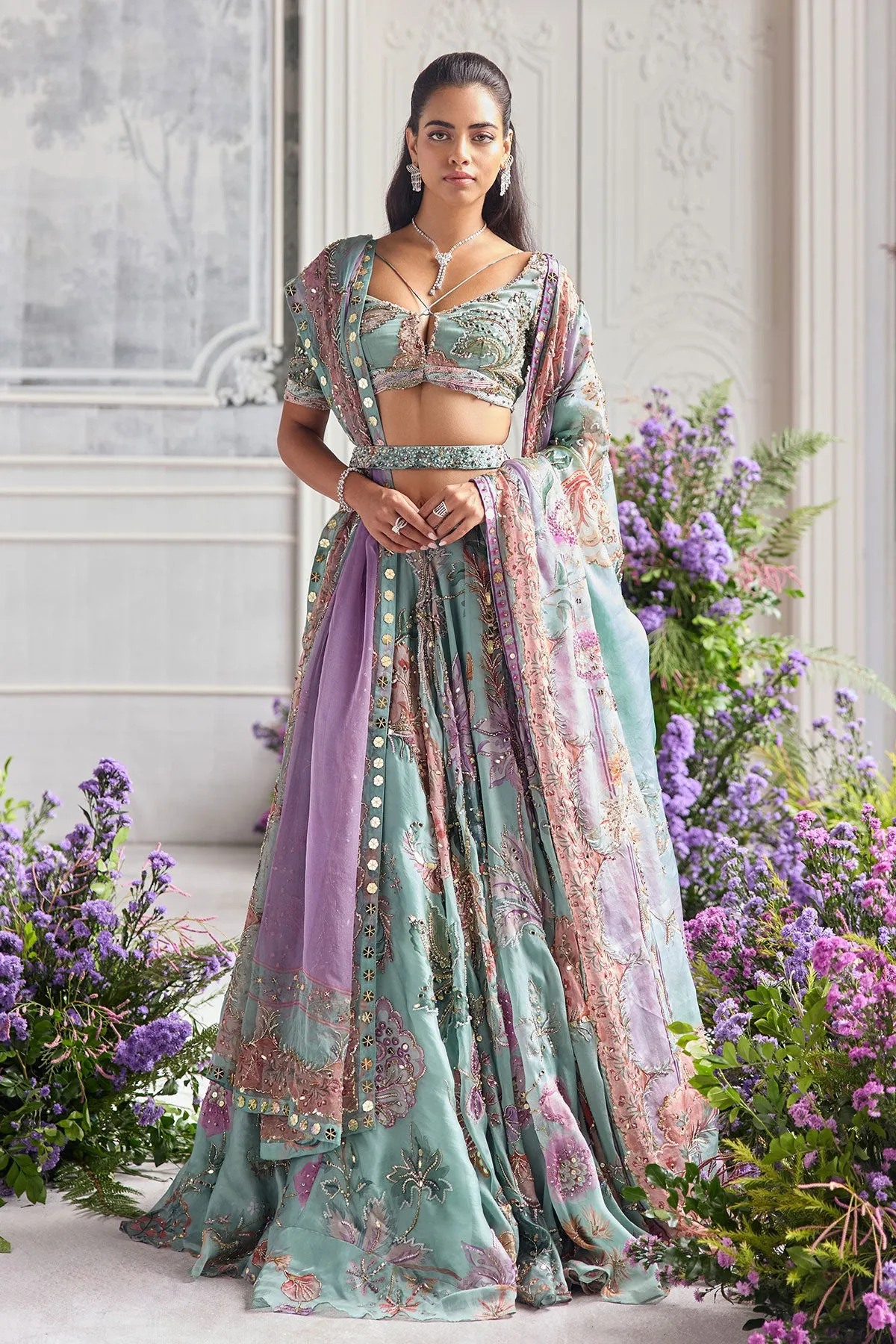 Aqua Green Lehenga with Multicolour Zardozi Embroidery and Lilac Dupatta