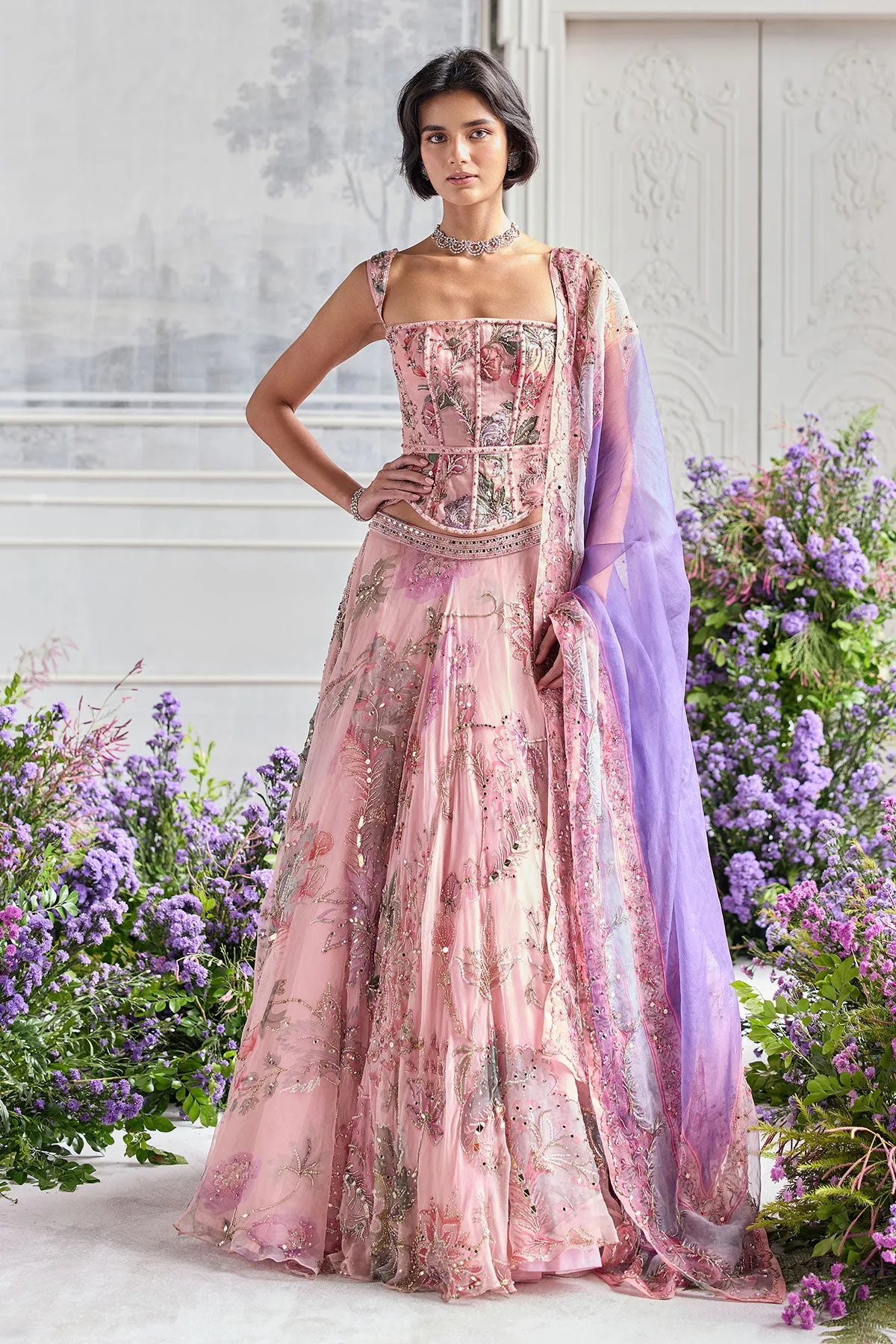 Blush Pink Lehenga with Zardozi Embroidery and Lavender Dupatta