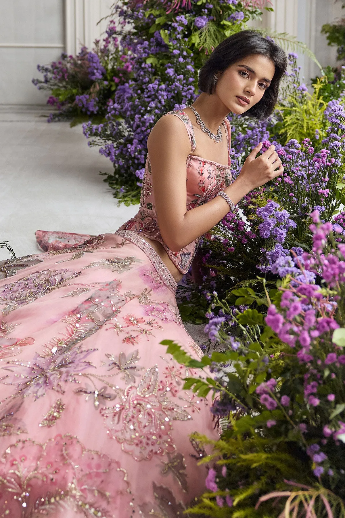 Blush Pink Lehenga with Zardozi Embroidery and Lavender Dupatta