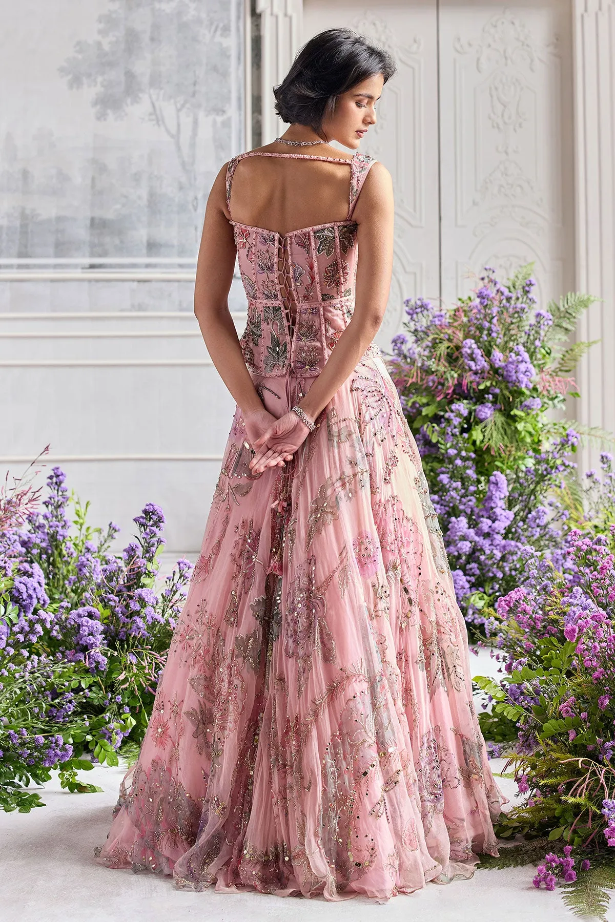 Blush Pink Lehenga with Zardozi Embroidery and Lavender Dupatta