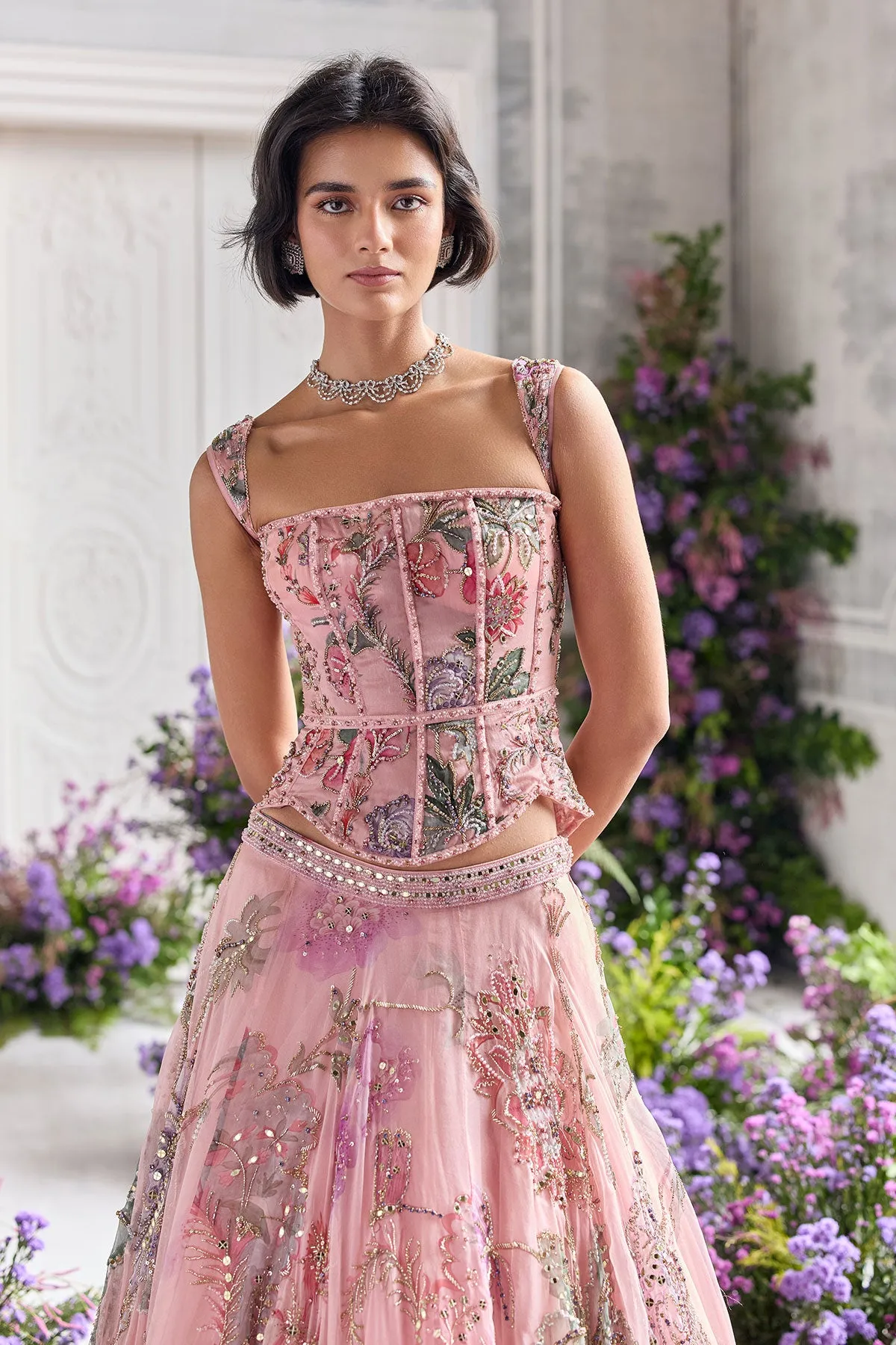 Blush Pink Lehenga with Zardozi Embroidery and Lavender Dupatta