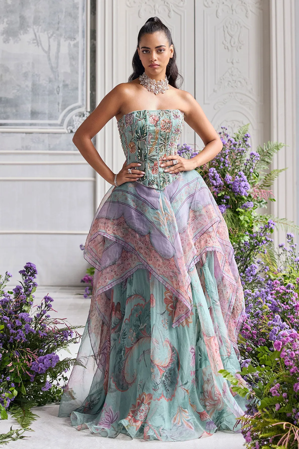 Aqua Green Statement Gown with Floral Embroidery and Layered Organza Drape