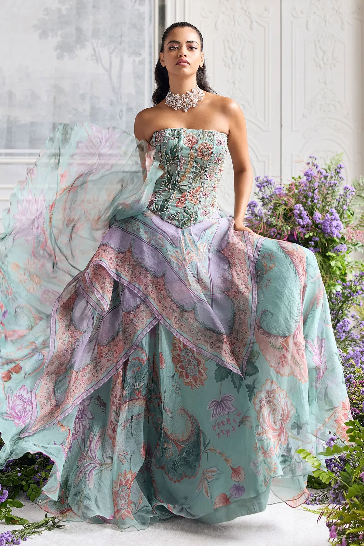Aqua Green Statement Gown with Floral Embroidery and Layered Organza Drape