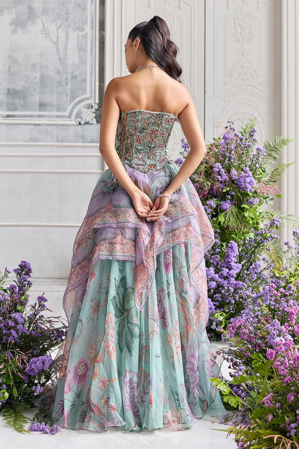 Aqua Green Statement Gown with Floral Embroidery and Layered Organza Drape