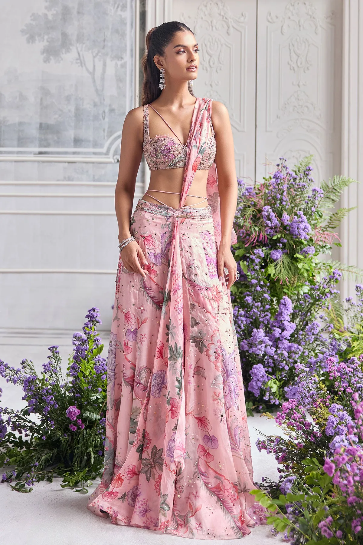 Blush Pink Lehenga with Floral Sequin Embroidery and Strappy Blouse