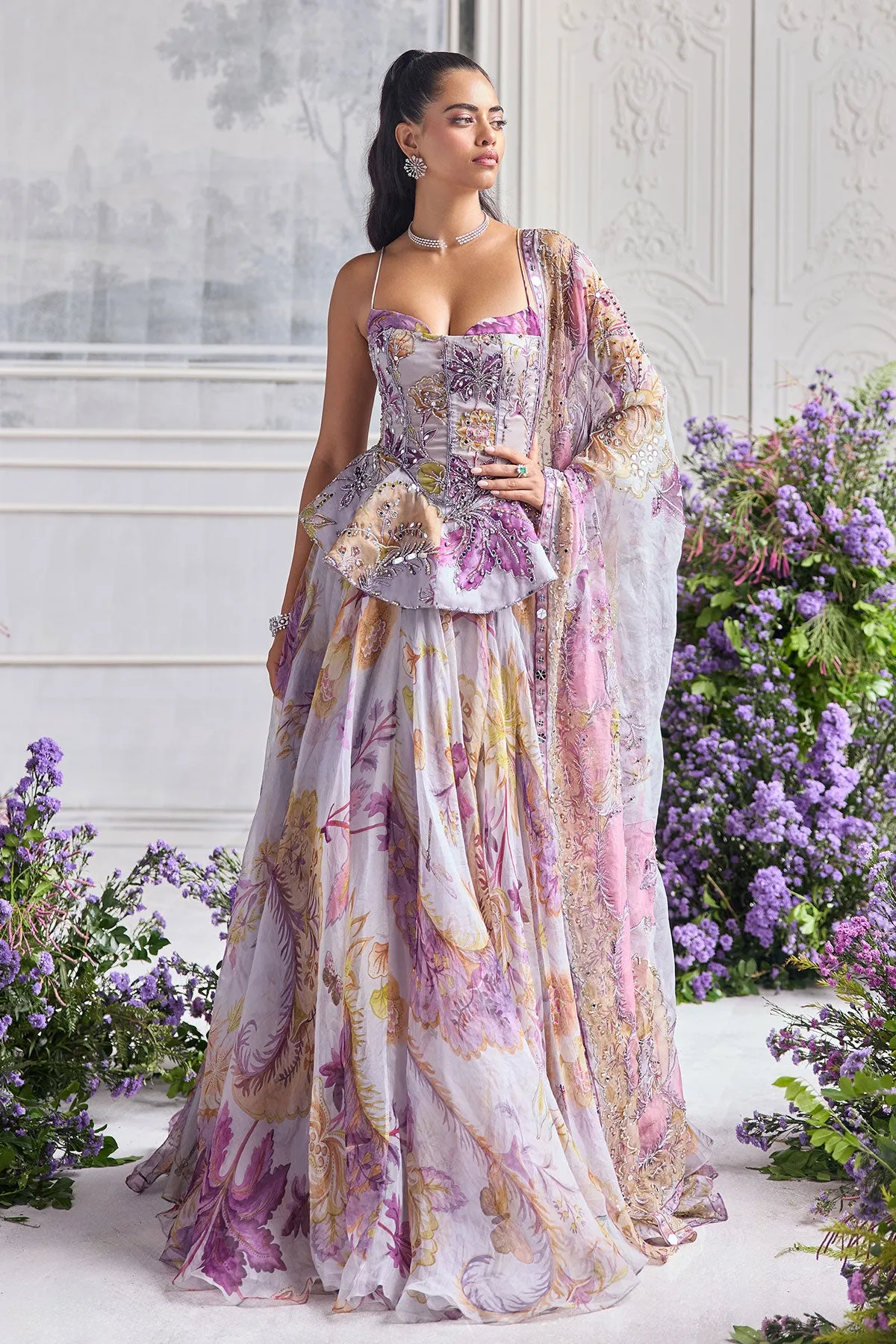 Lilac Lehenga with Pastel Floral Embroidery and Peplum Corset Blouse