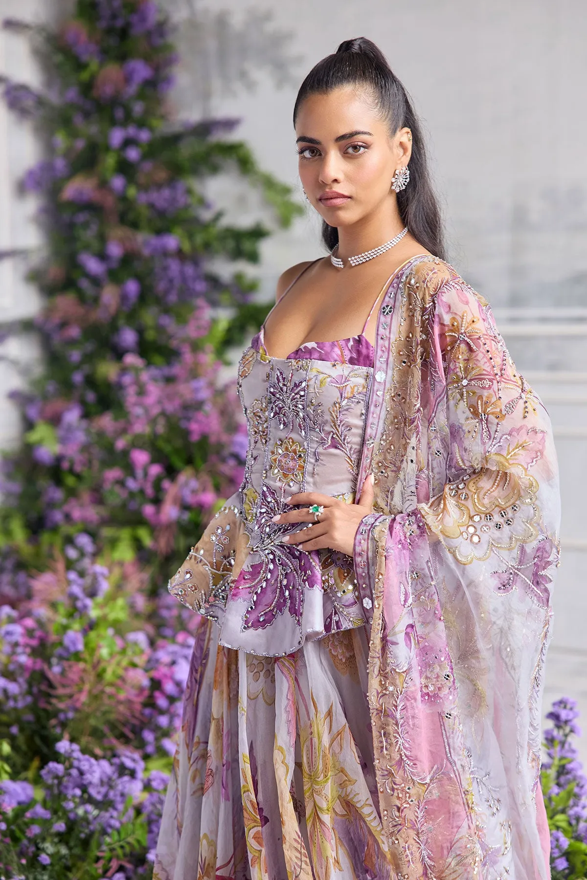 Lilac Lehenga with Pastel Floral Embroidery and Peplum Corset Blouse