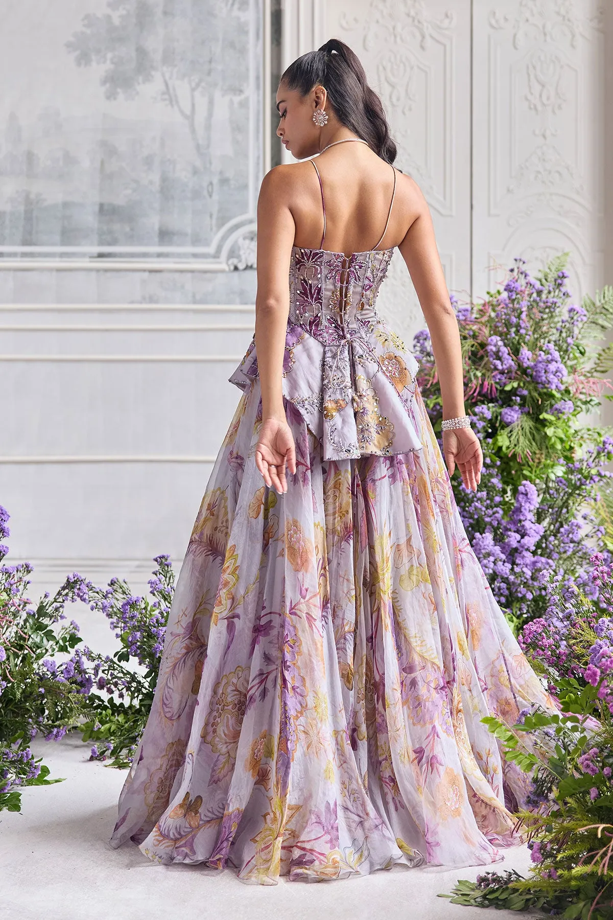 Lilac Lehenga with Pastel Floral Embroidery and Peplum Corset Blouse
