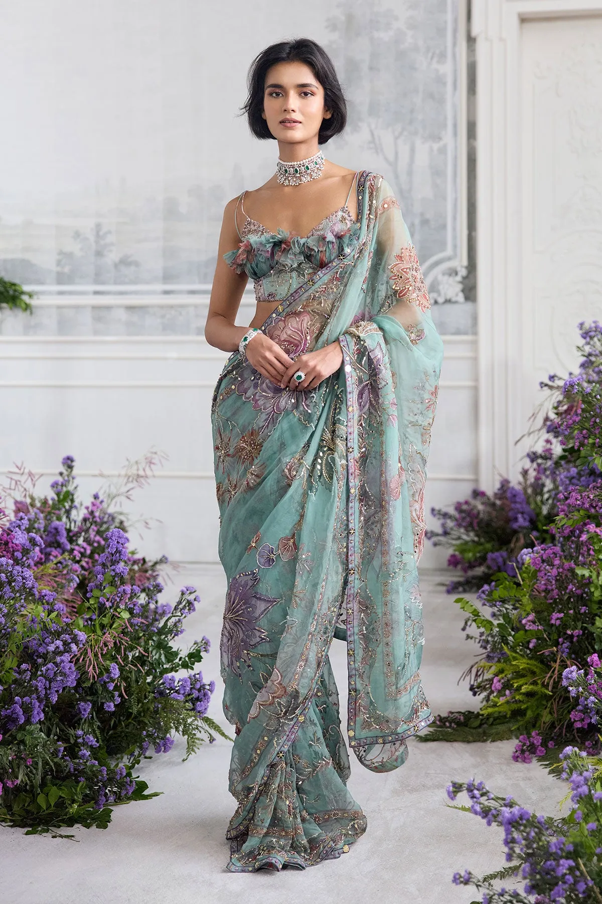 Aqua Green Organza Sari with Sequin Floral Embroidery and Feather-Detail Blouse