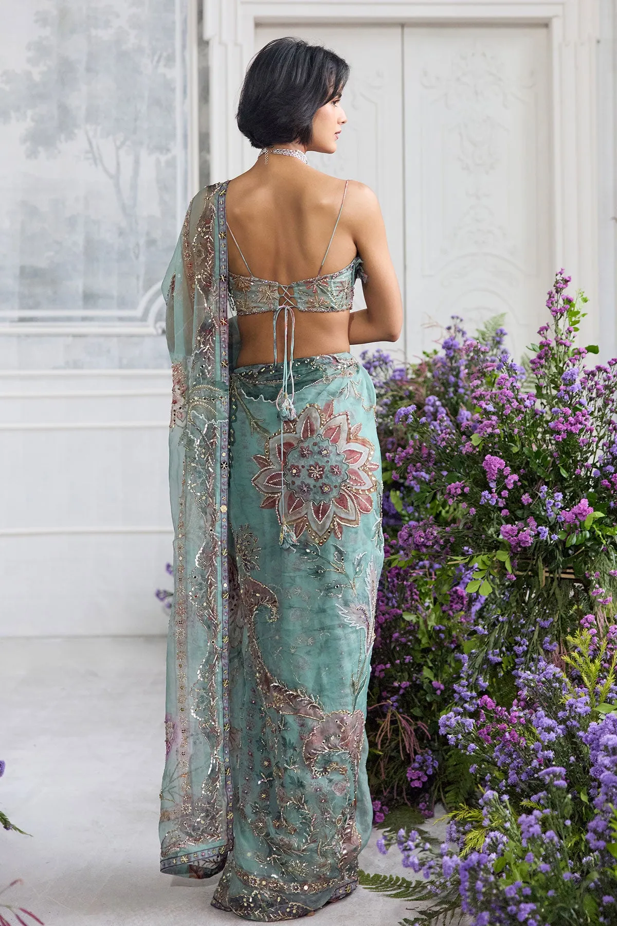 Aqua Green Organza Sari with Sequin Floral Embroidery and Feather-Detail Blouse