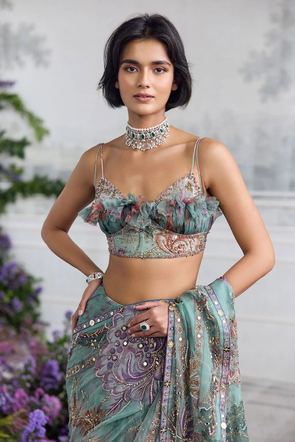 Aqua Green Organza Sari with Sequin Floral Embroidery and Feather-Detail Blouse