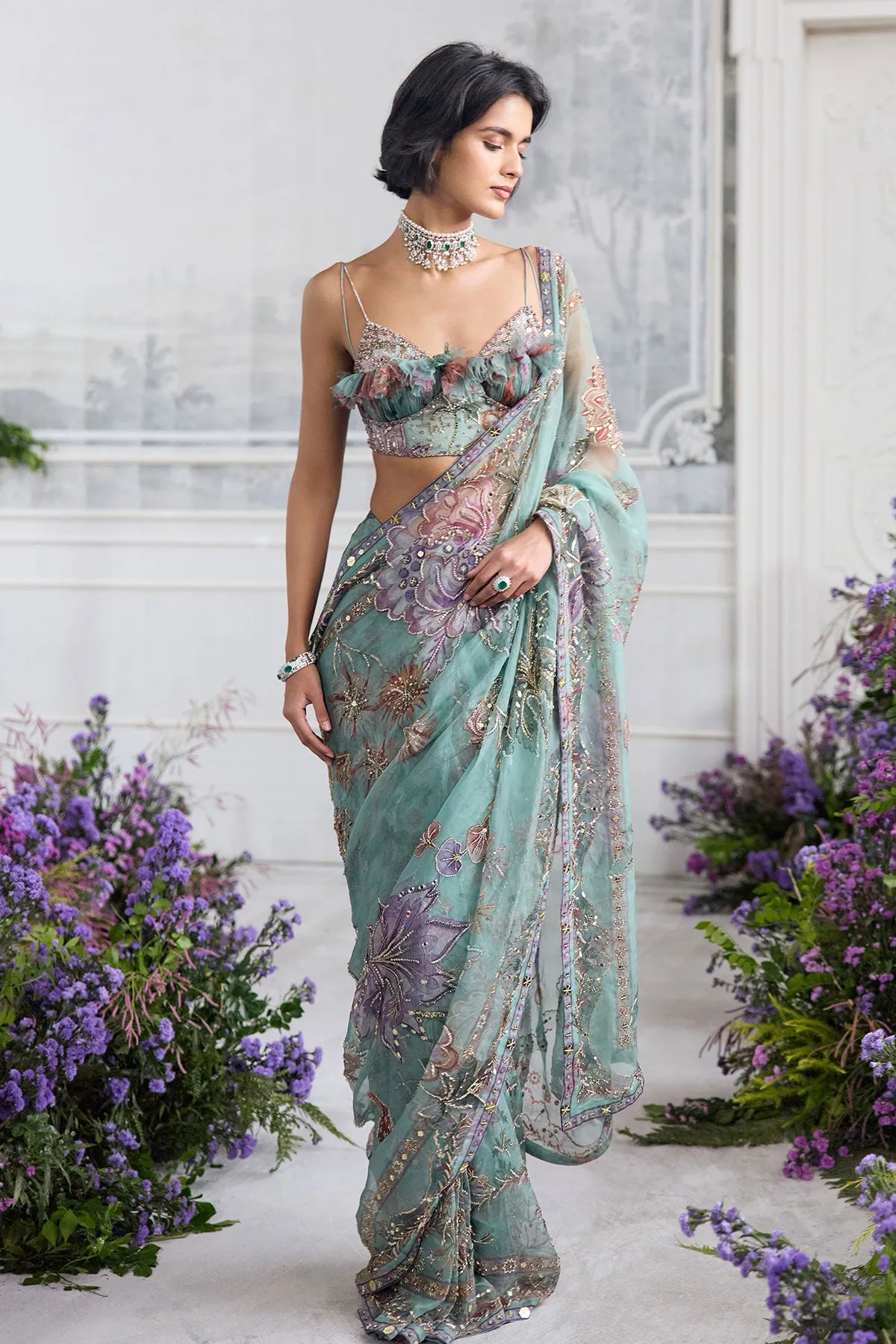 Aqua Green Organza Sari with Sequin Floral Embroidery and Feather-Detail Blouse