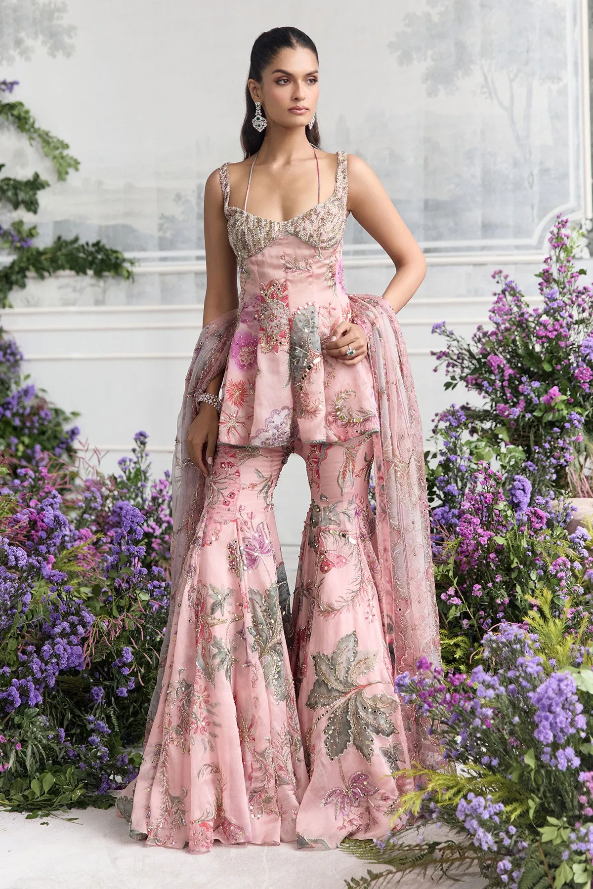 Blush Pink Sharara with Peplum Blouse and Zardozi Embroidery