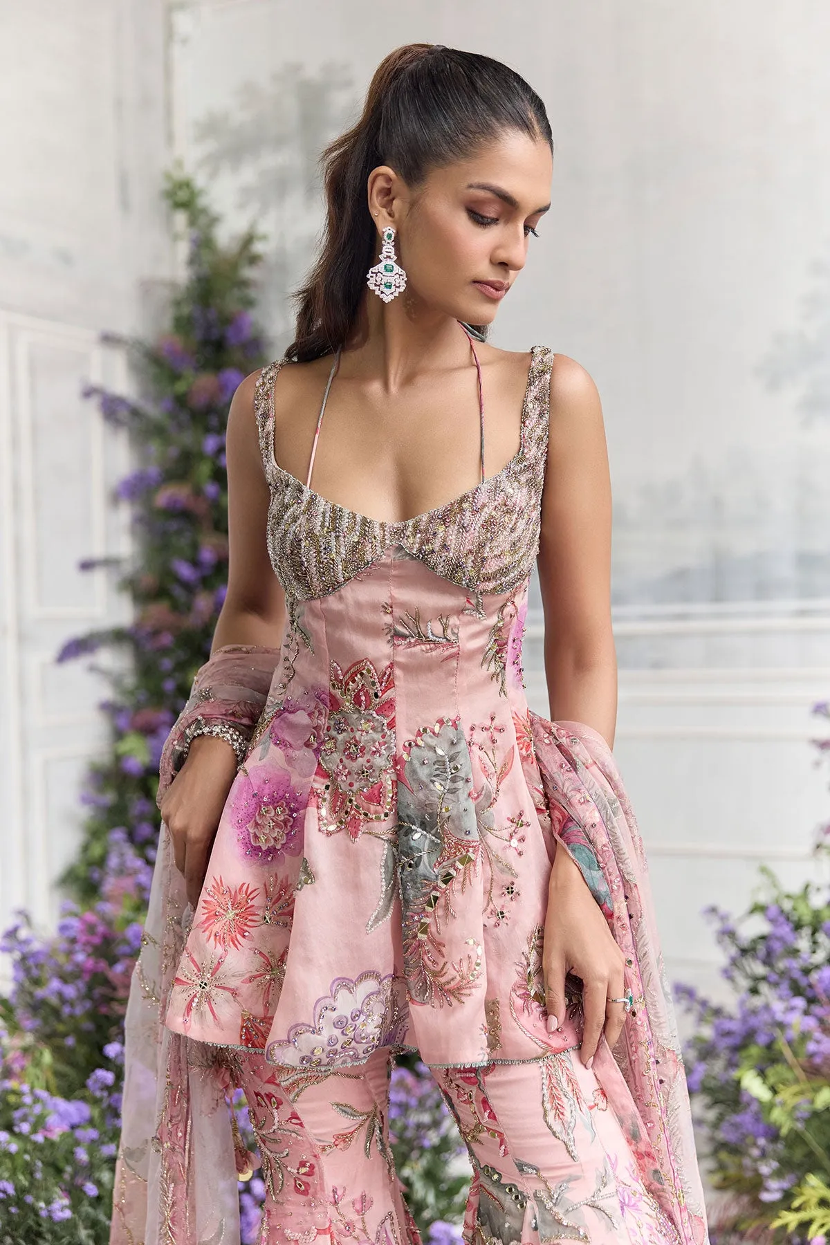 Blush Pink Sharara with Peplum Blouse and Zardozi Embroidery
