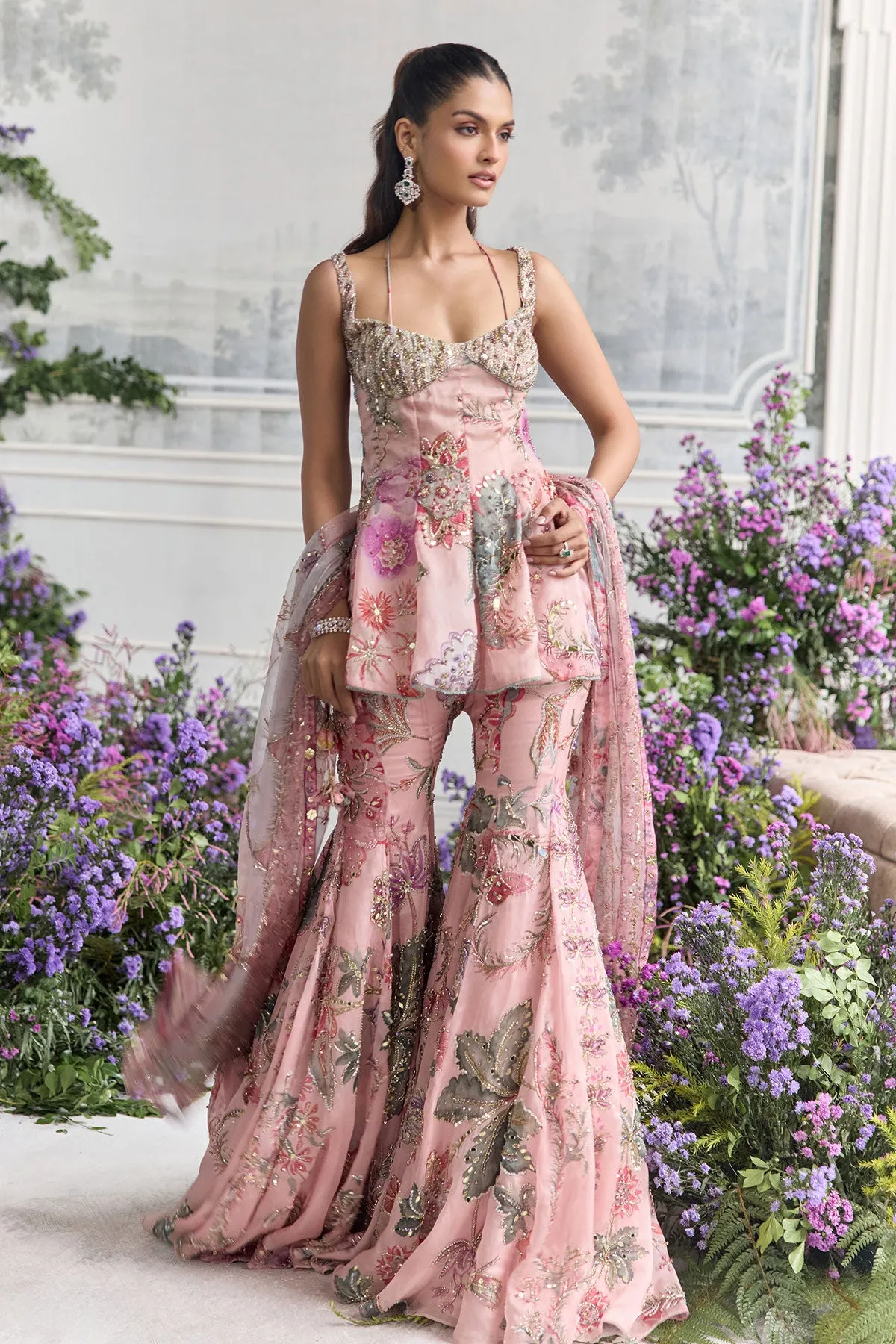 Blush Pink Sharara with Peplum Blouse and Zardozi Embroidery