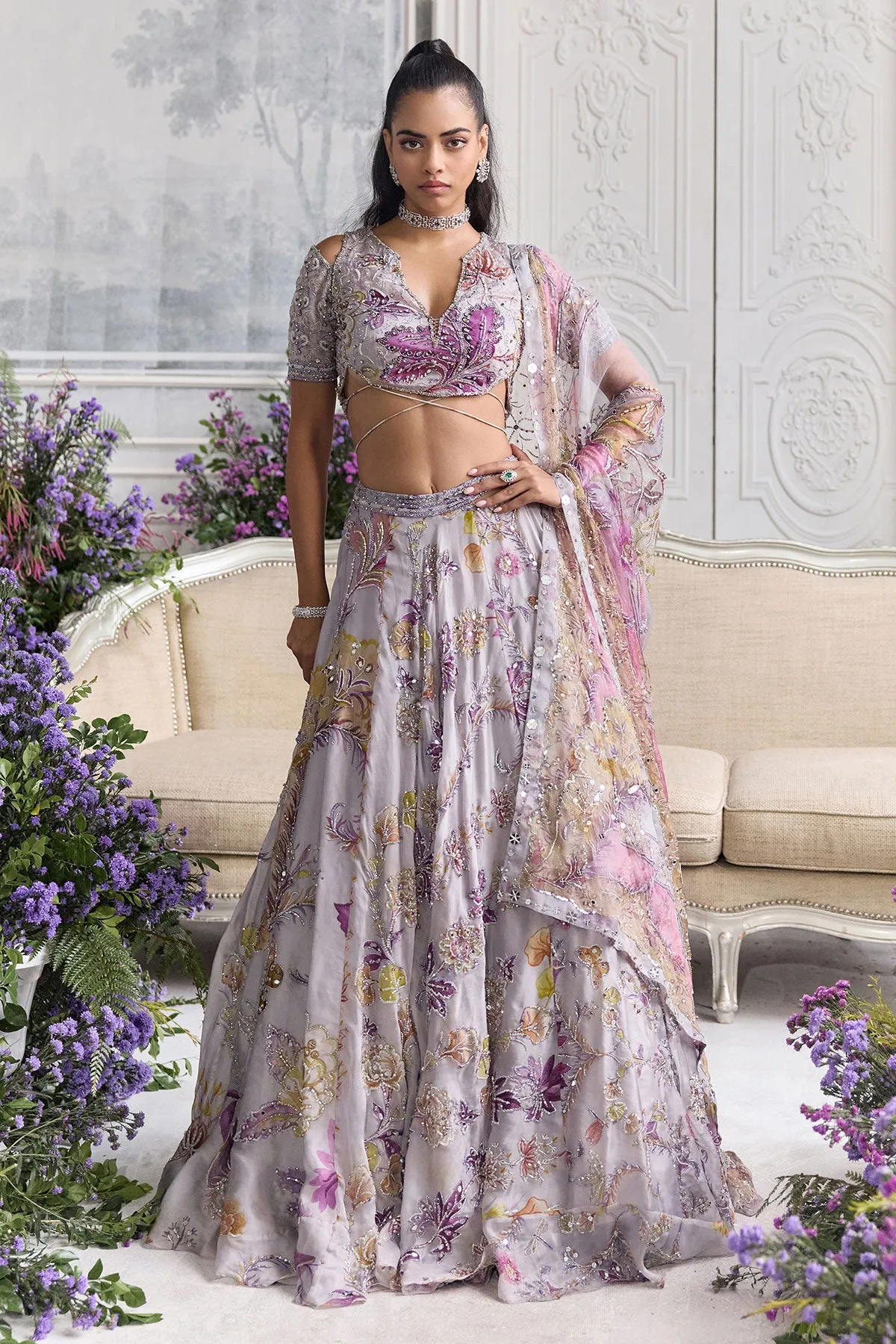 Lilac Lehenga with Multicolour Floral Embroidery and Sheer Dupatta