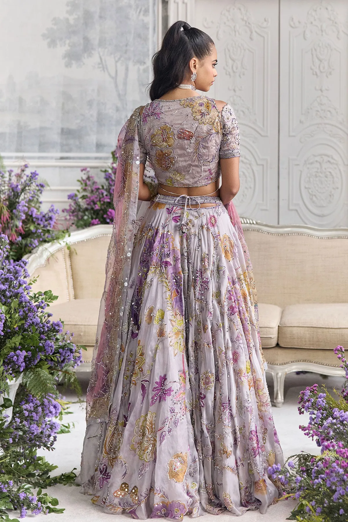 Lilac Lehenga with Multicolour Floral Embroidery and Sheer Dupatta