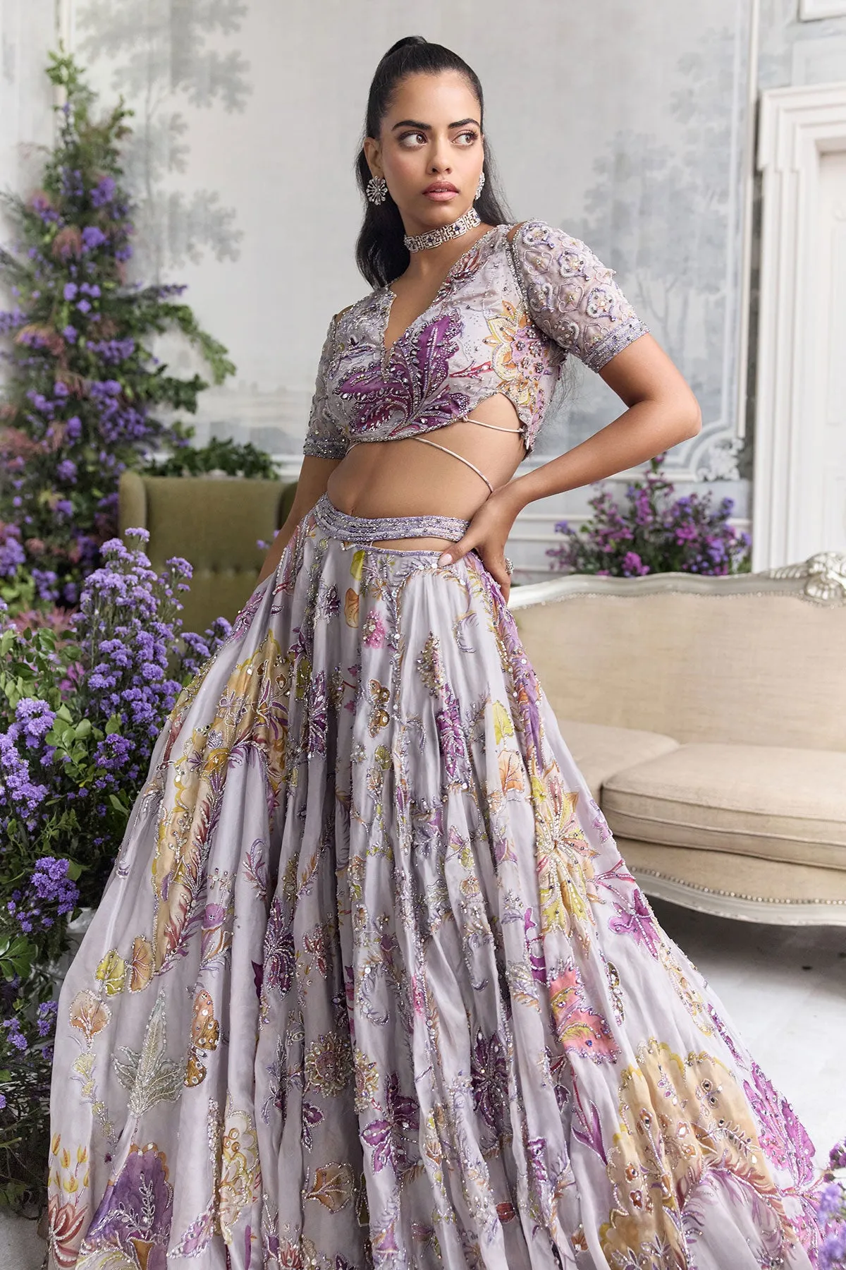 Lilac Lehenga with Multicolour Floral Embroidery and Sheer Dupatta