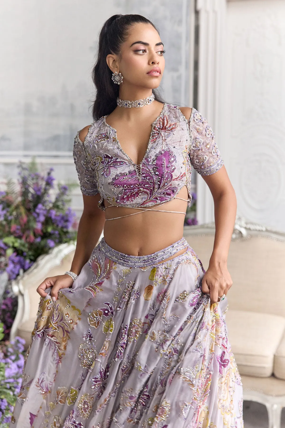 Lilac Lehenga with Multicolour Floral Embroidery and Sheer Dupatta