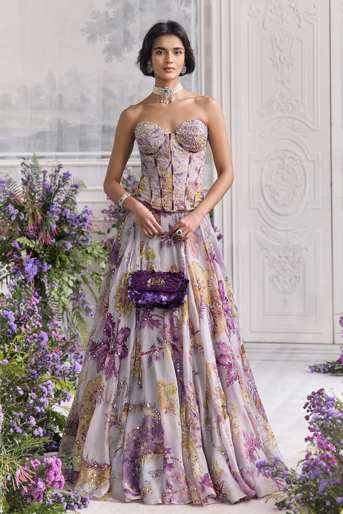 Lilac Lehenga with Violet Floral Embroidery and Strapless Corset Blouse