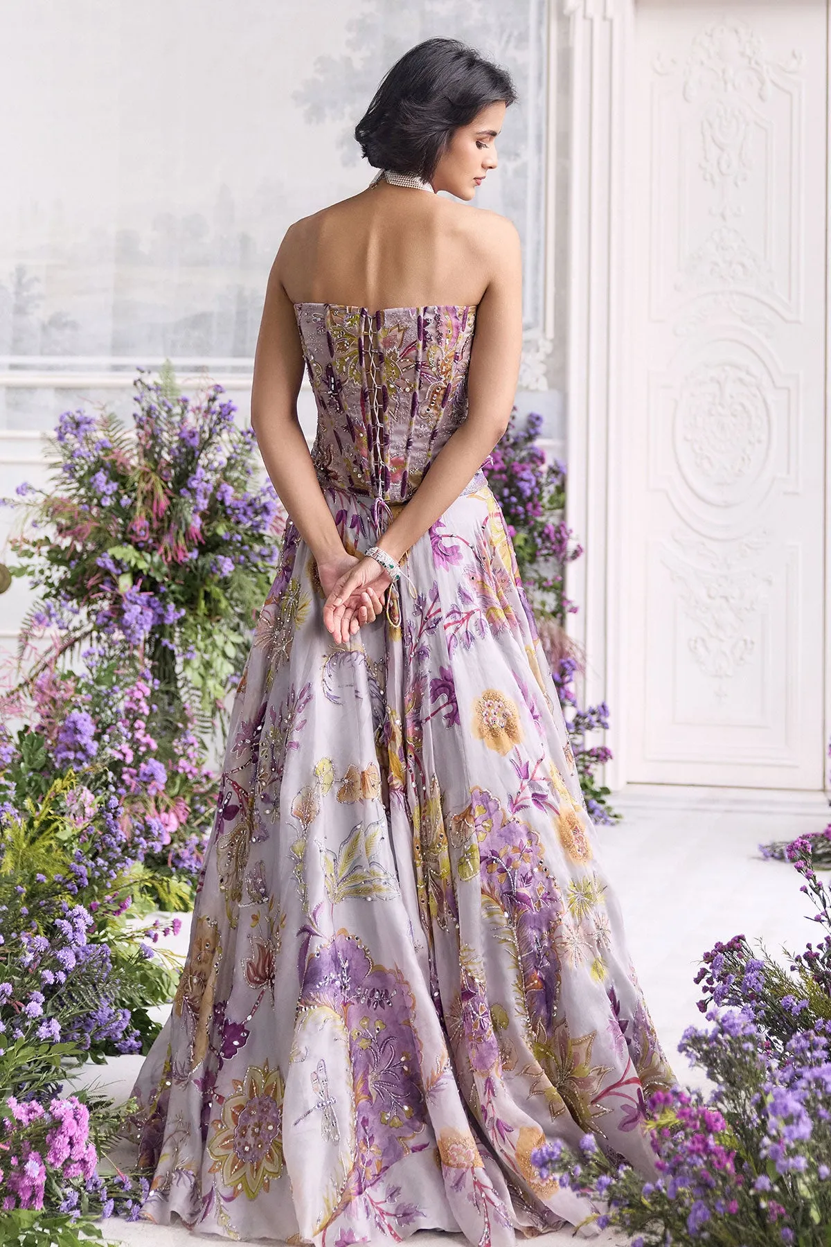 Lilac Lehenga with Violet Floral Embroidery and Strapless Corset Blouse