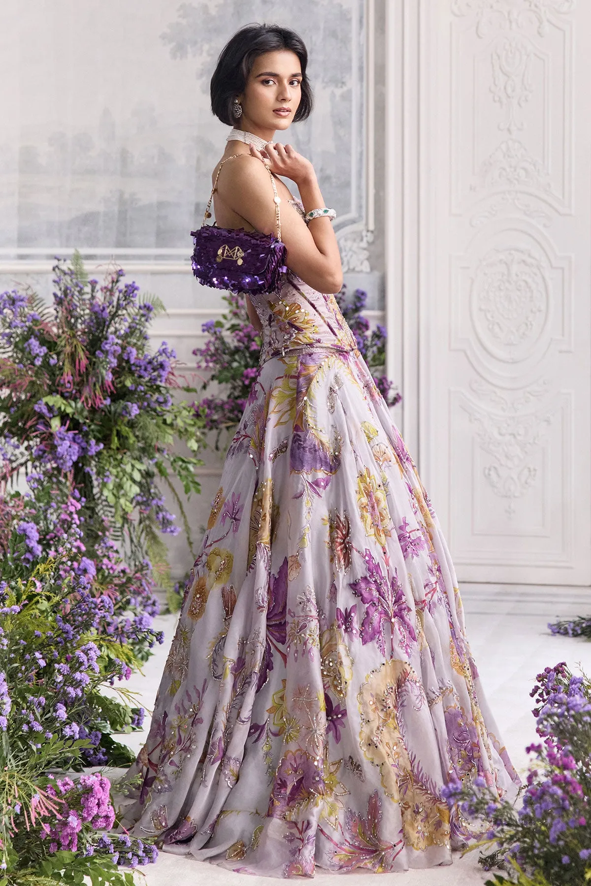 Lilac Lehenga with Violet Floral Embroidery and Strapless Corset Blouse