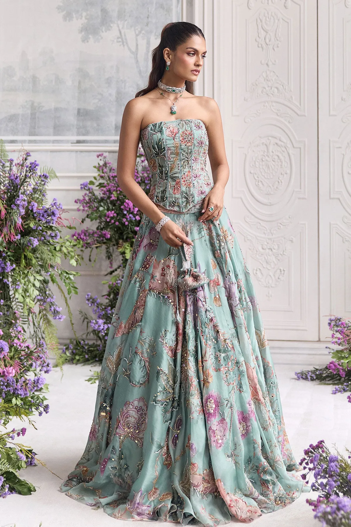 Aqua Green Lehenga with Pastel Floral Embroidery and Strapless Corset Blouse