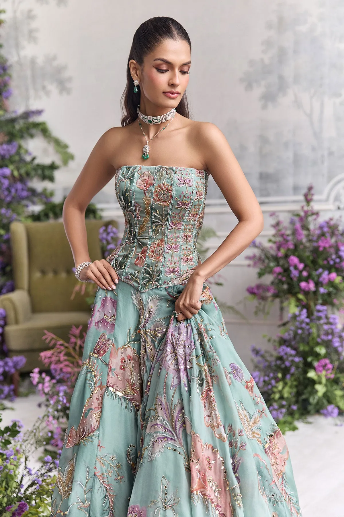 Aqua Green Lehenga with Pastel Floral Embroidery and Strapless Corset Blouse