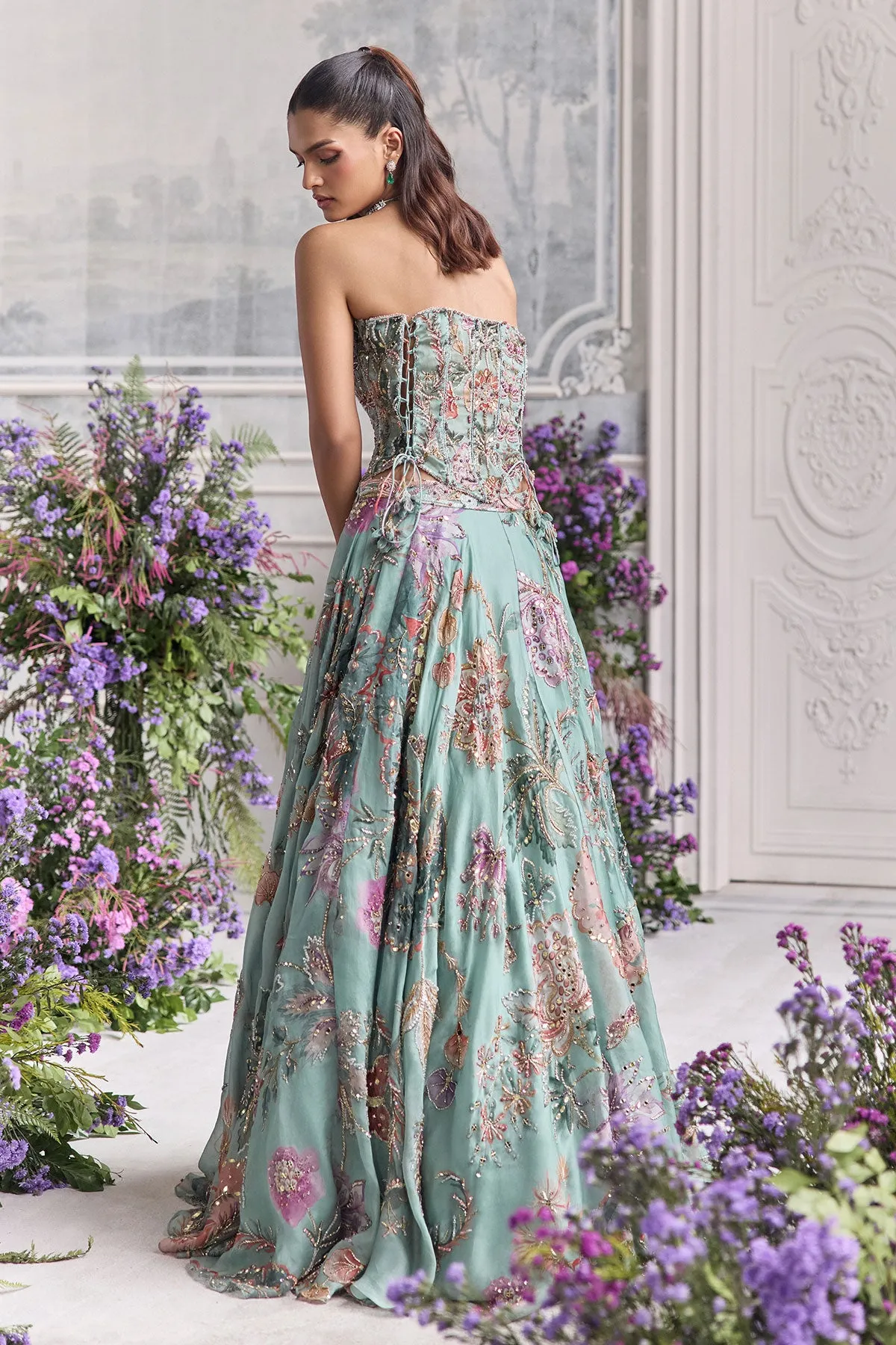 Aqua Green Lehenga with Pastel Floral Embroidery and Strapless Corset Blouse