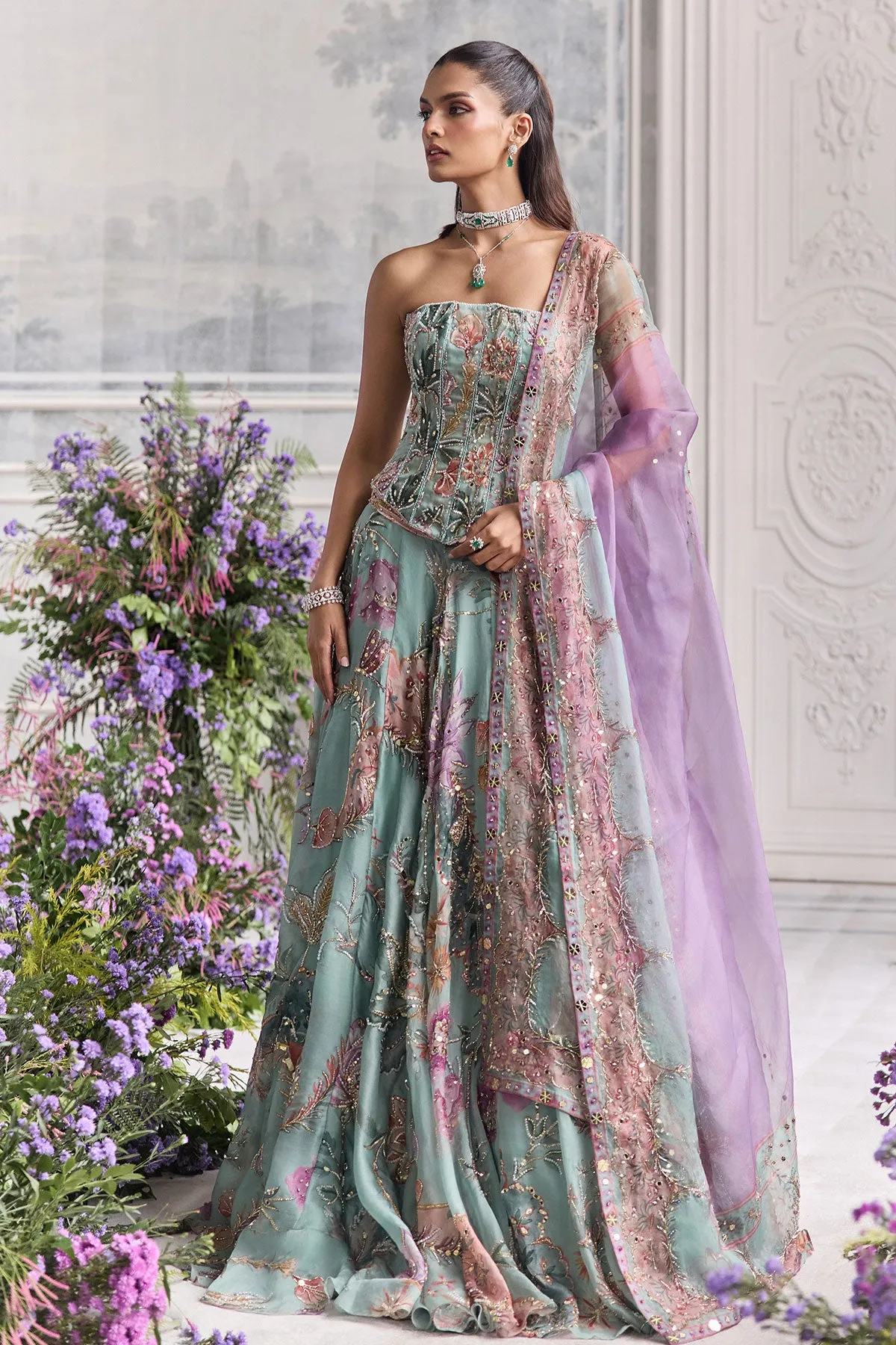 Aqua Green Lehenga with Pastel Floral Embroidery and Strapless Corset Blouse