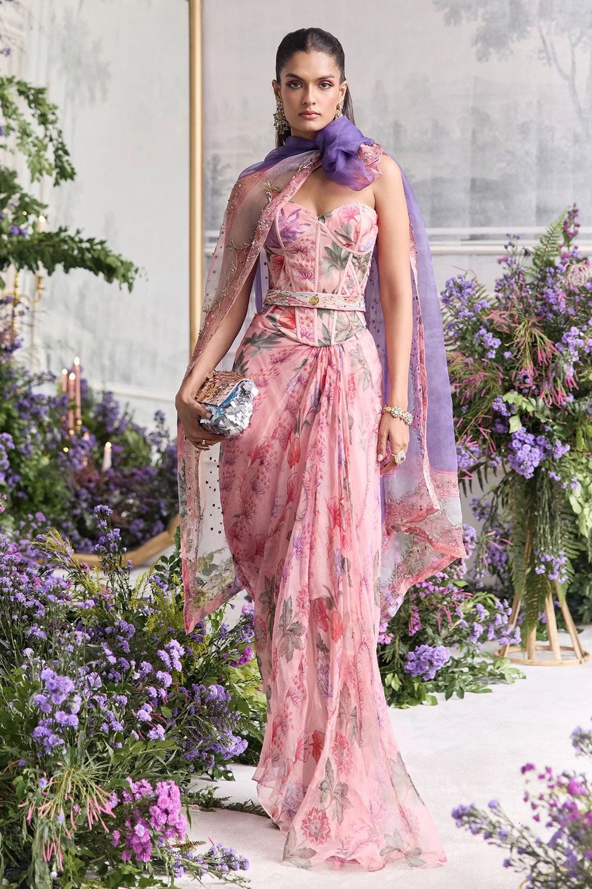 Blush Pink Statement Gown with Floral Print Corset and Lavender Dupatta
