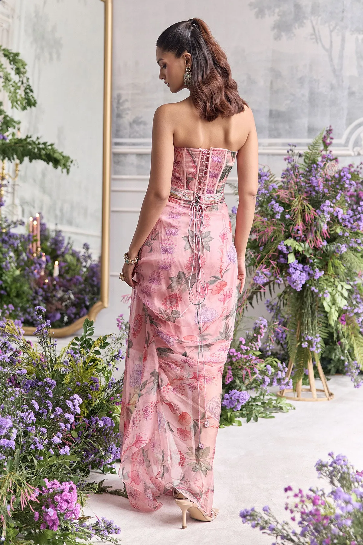 Blush Pink Statement Gown with Floral Print Corset and Lavender Dupatta