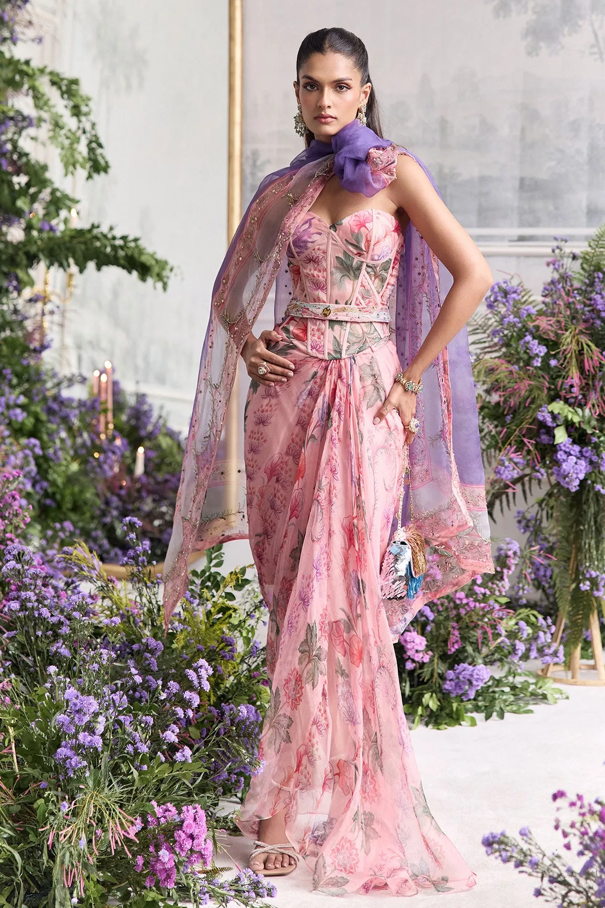 Blush Pink Statement Gown with Floral Print Corset and Lavender Dupatta
