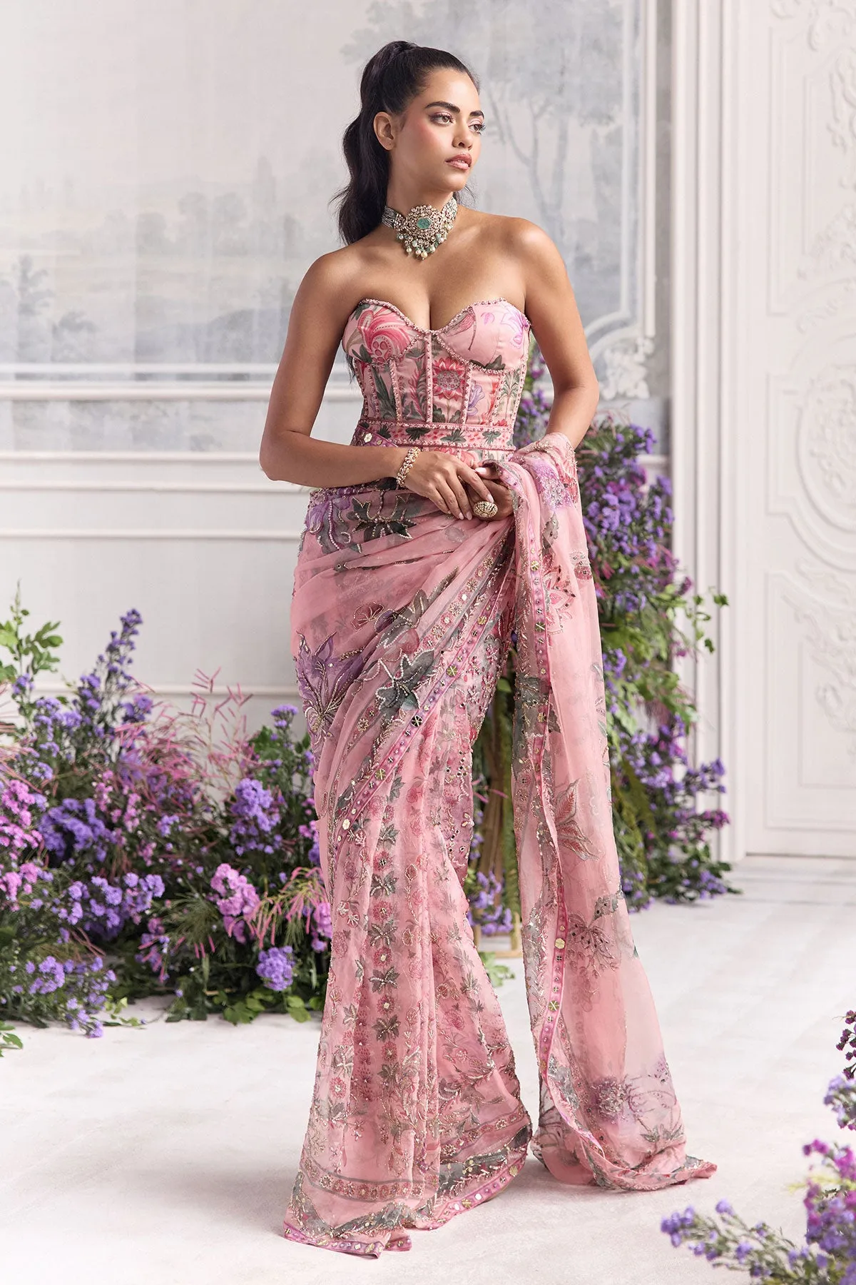 Blush Pink Sari with Embroidered Draping and Corset Blouse