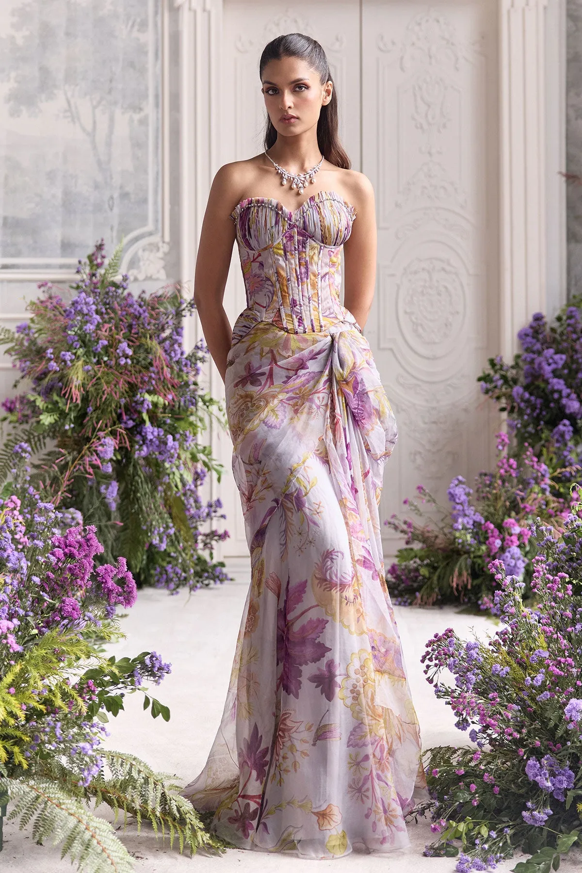 Lilac Draped Gown with Floral Print and Structured Corset