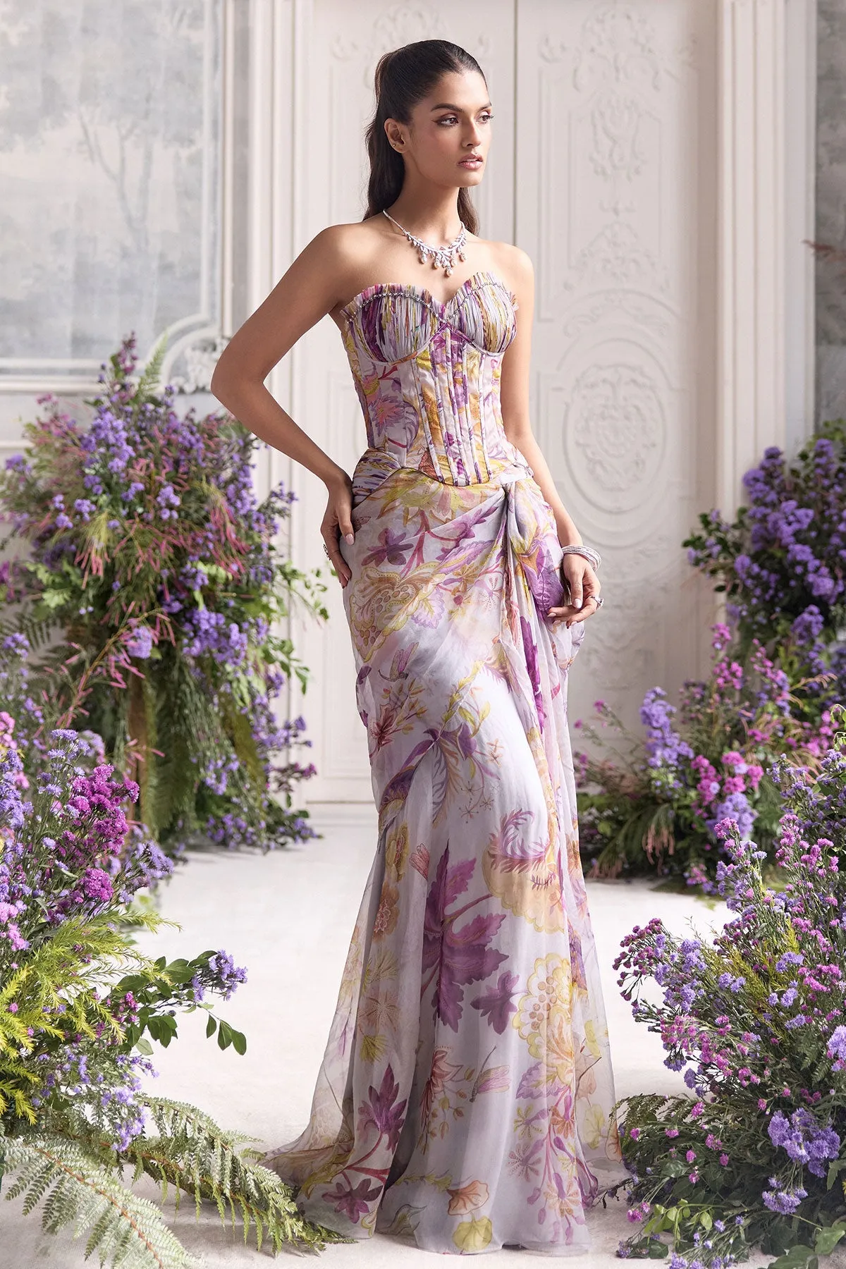 Lilac Draped Gown with Floral Print and Structured Corset