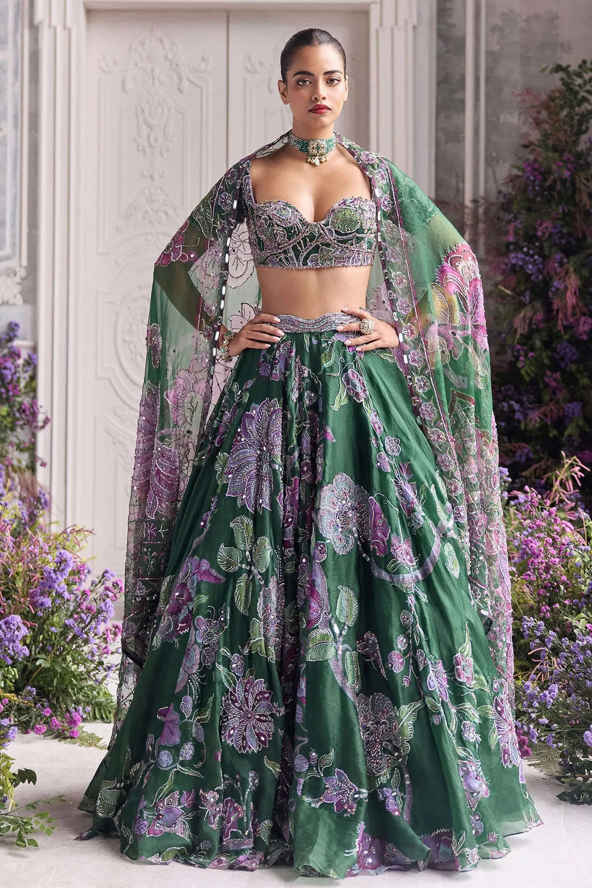 Deep Green Lehenga with Embroidered Bustier and Sheer Cape Dupatta