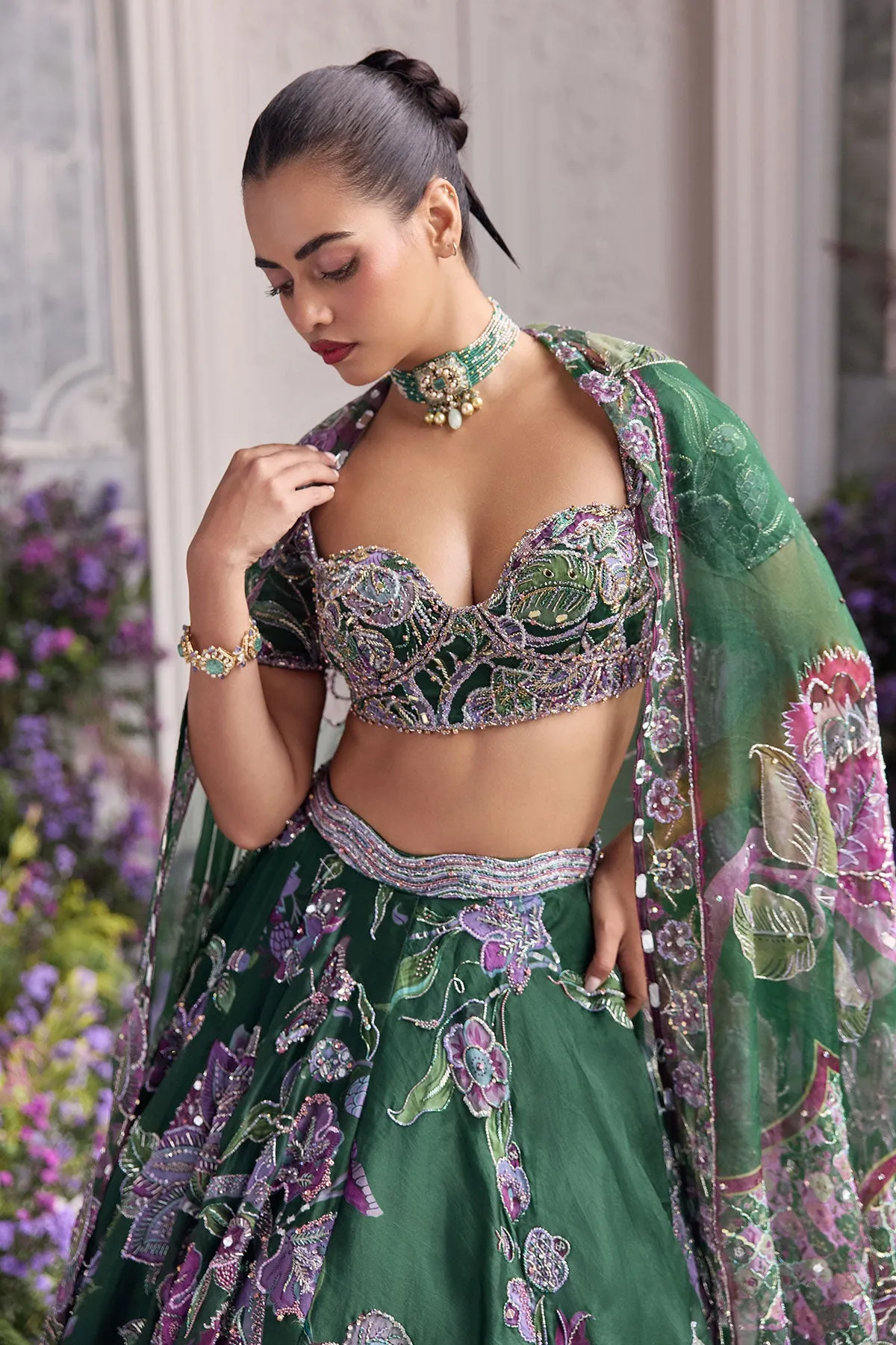 Deep Green Lehenga with Embroidered Bustier and Sheer Cape Dupatta
